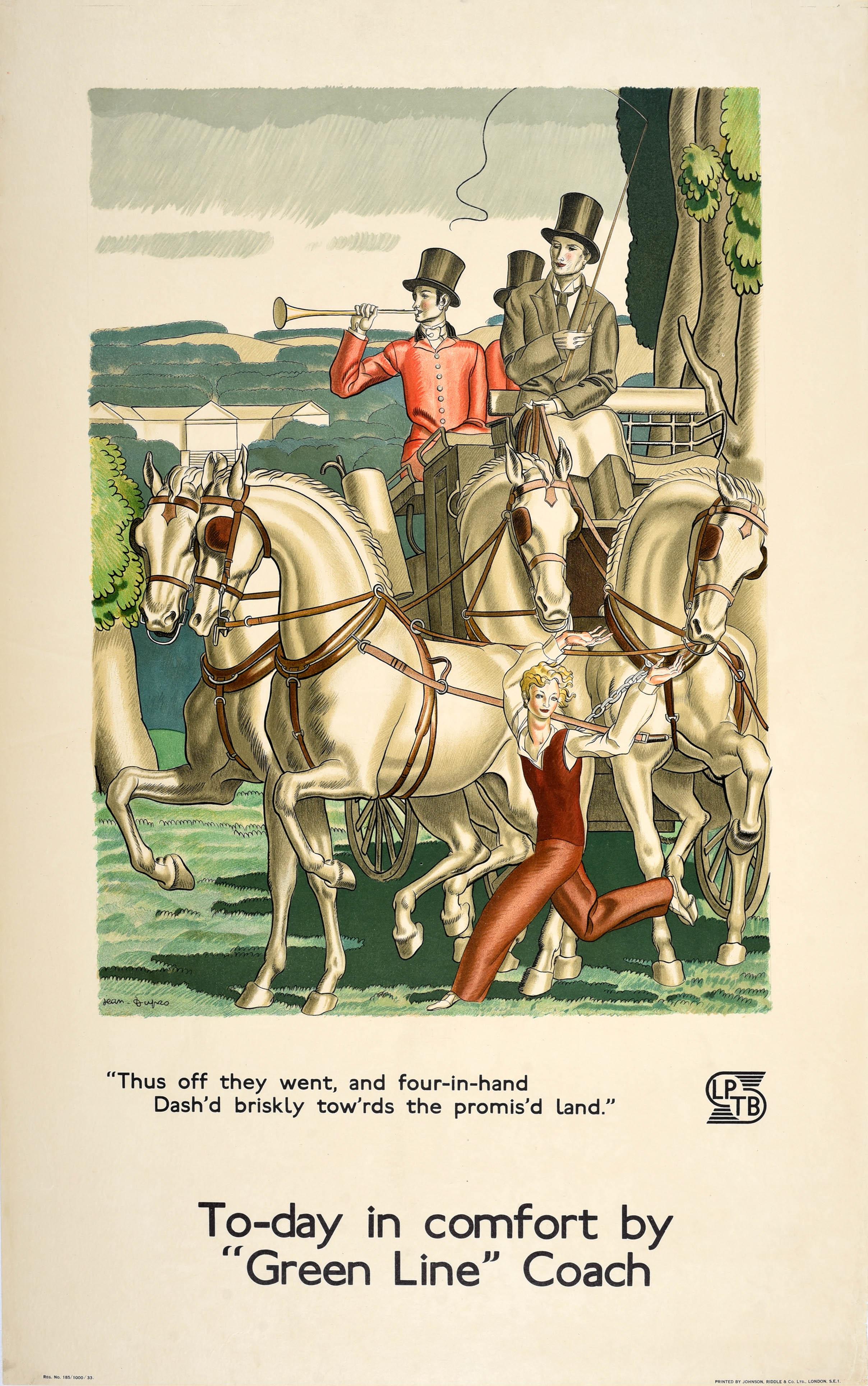 Original vintage London Transport poster promoting travel by Green Line Coach featuring stunning artwork by the notable French Art Deco designer Jean Dupas (1882-1964) depicting men in smart suits and top hats riding on a horse drawn carriage in the