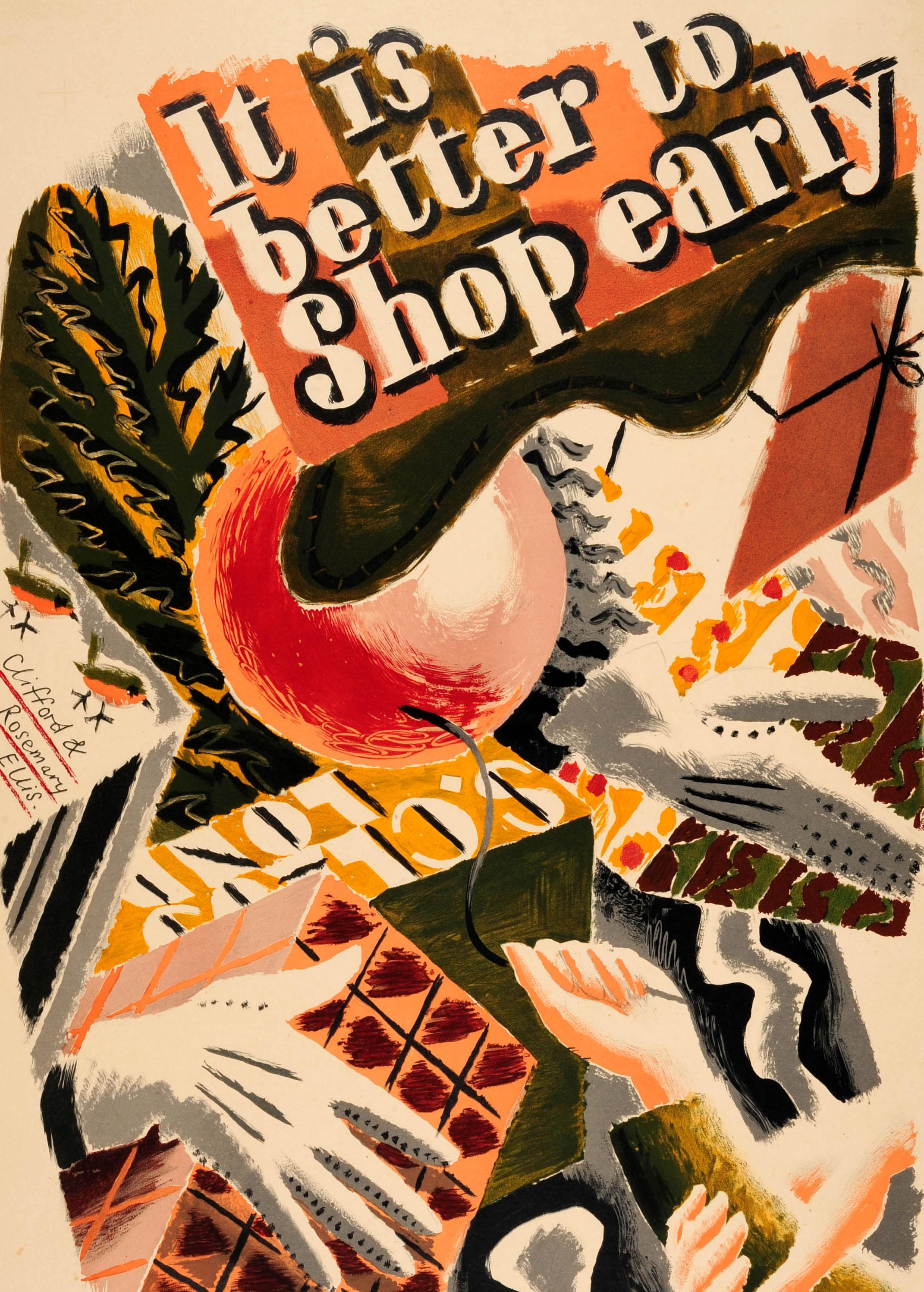 Original vintage poster issued by the London Passenger Transport Board - It is better to Shop early Early in the month - by the notable British graphic artist, printmaker and art teacher Clifford Ellis (1907-1985) and his wife Rosemary Ellis