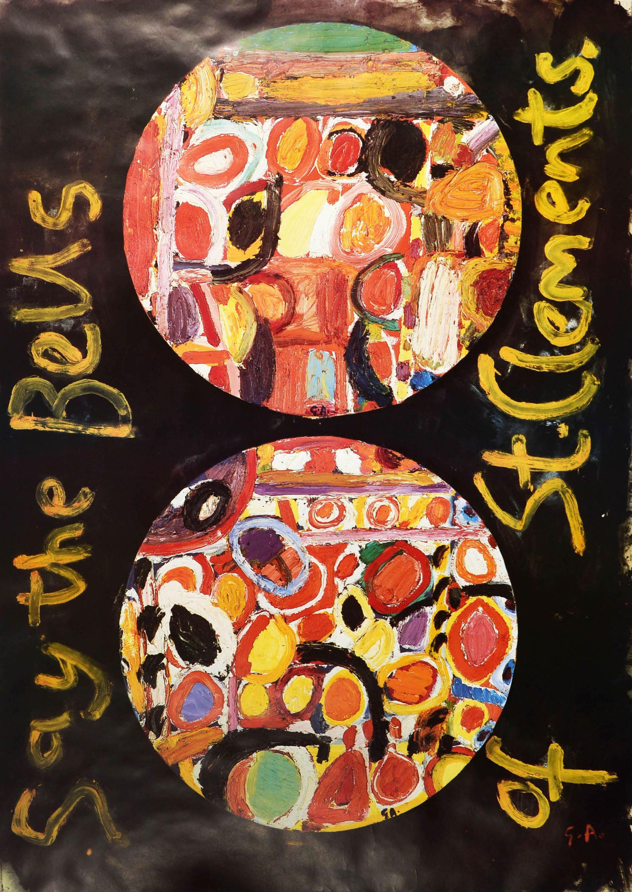 Affiche originale vintage des transports londoniens - Oranges et citrons et églises de la ville en métro - présentant un dessin abstrait coloré en deux cercles sur un fond noir avec un texte peint sur les côtés indiquant Say the Bells of St.
