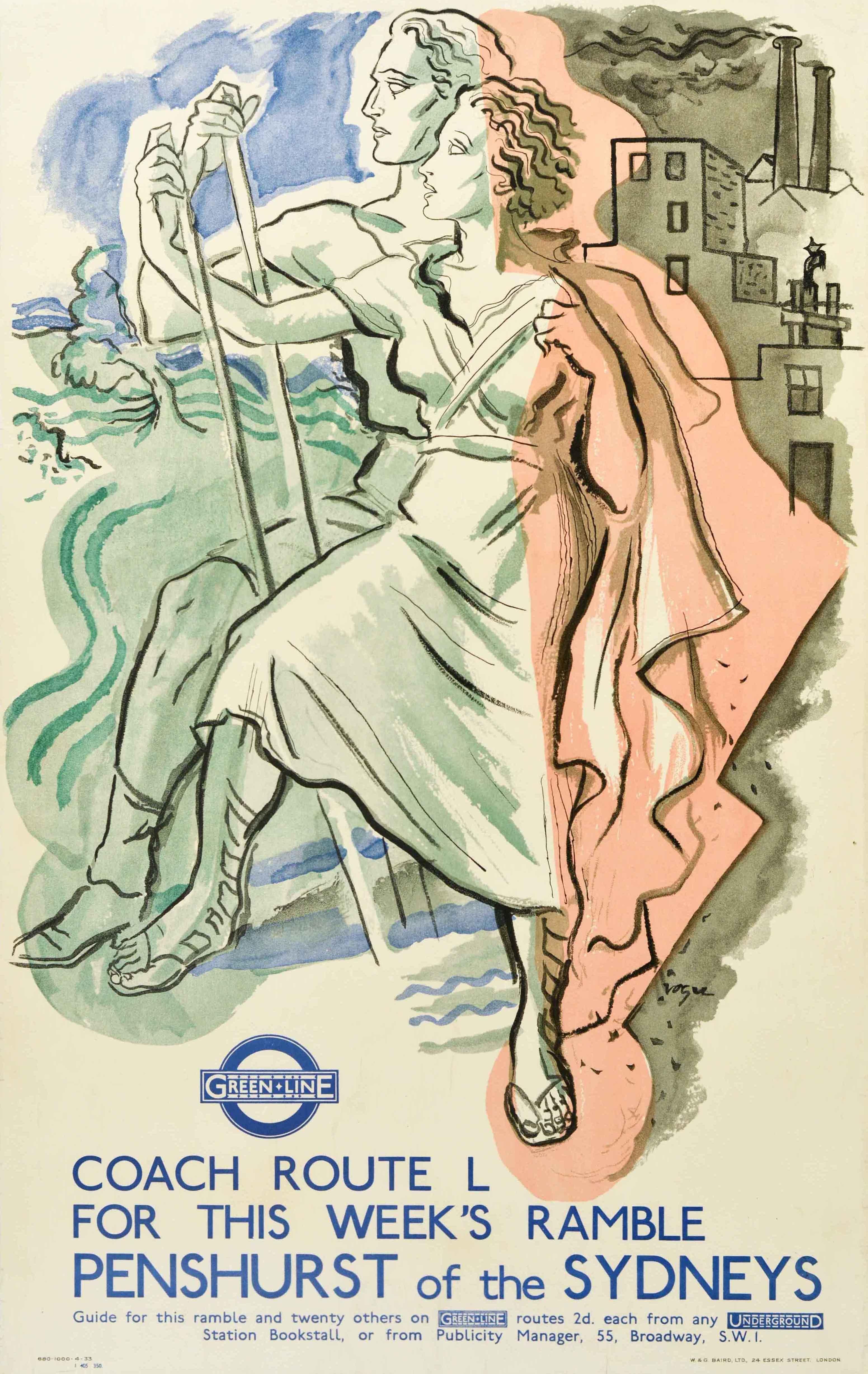 Original vintage London Transport travel poster advertising Green Line Coaches for hiking trips out of town featuring artwork by the English painter Roger Kemble Furse (1903-1972) depicting a couple stepping forward and dividing the poster in two