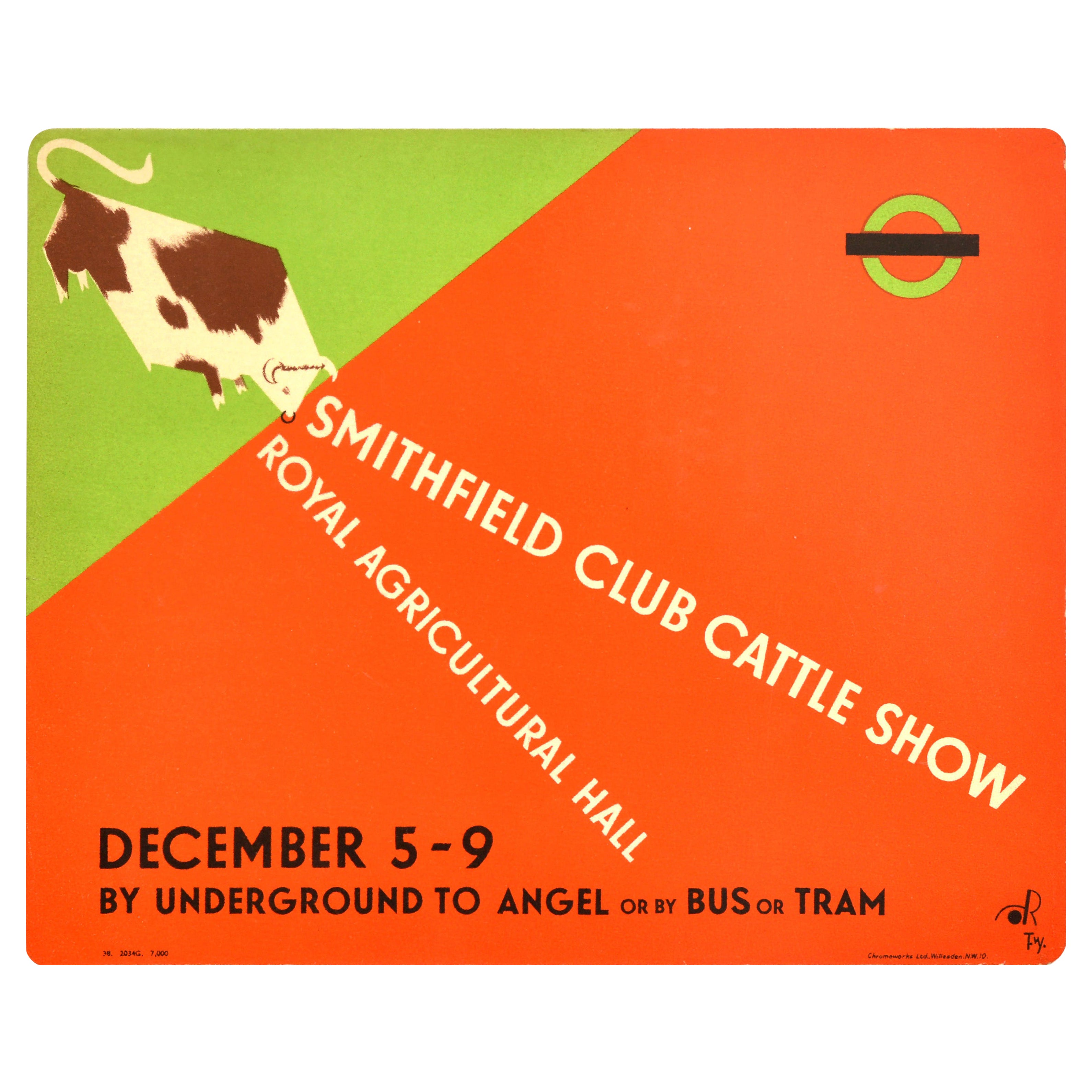 Poster originale d'epoca dei trasporti di Londra Smithfield Club Cattle Show 1938 in vendita