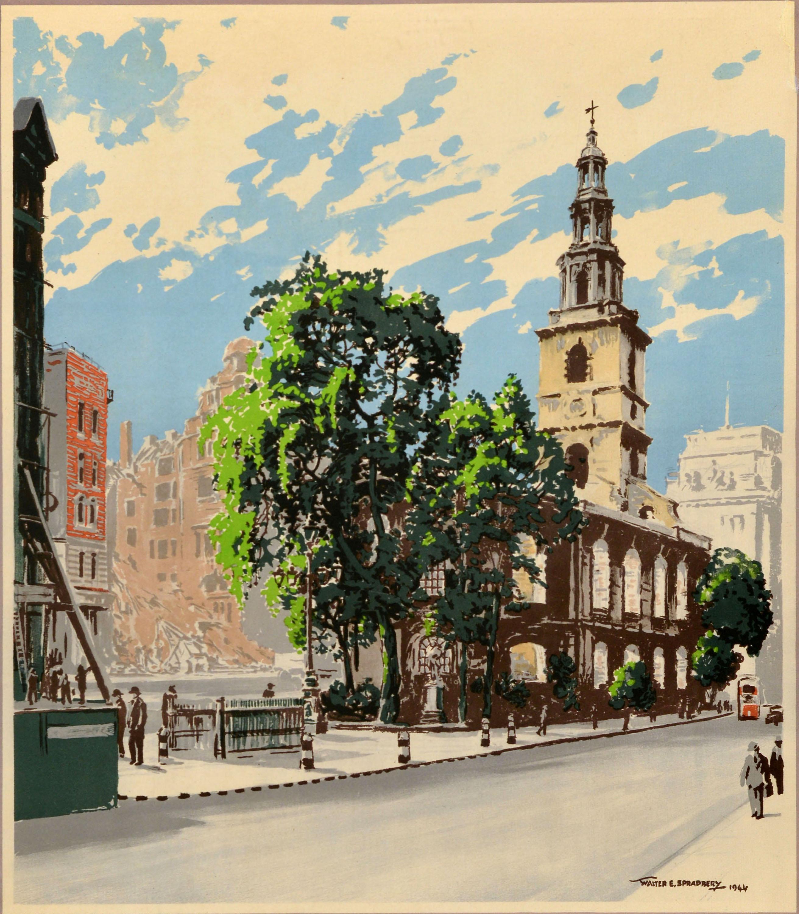 Poster originale d'epoca dei trasporti di Londra - The Proud City - con un dipinto di The Noble Fabric of the Church of St Clement Danes di Walter E. Spradbery (1889-1969) che mostra persone che camminano accanto alla guglia della chiesa che si erge