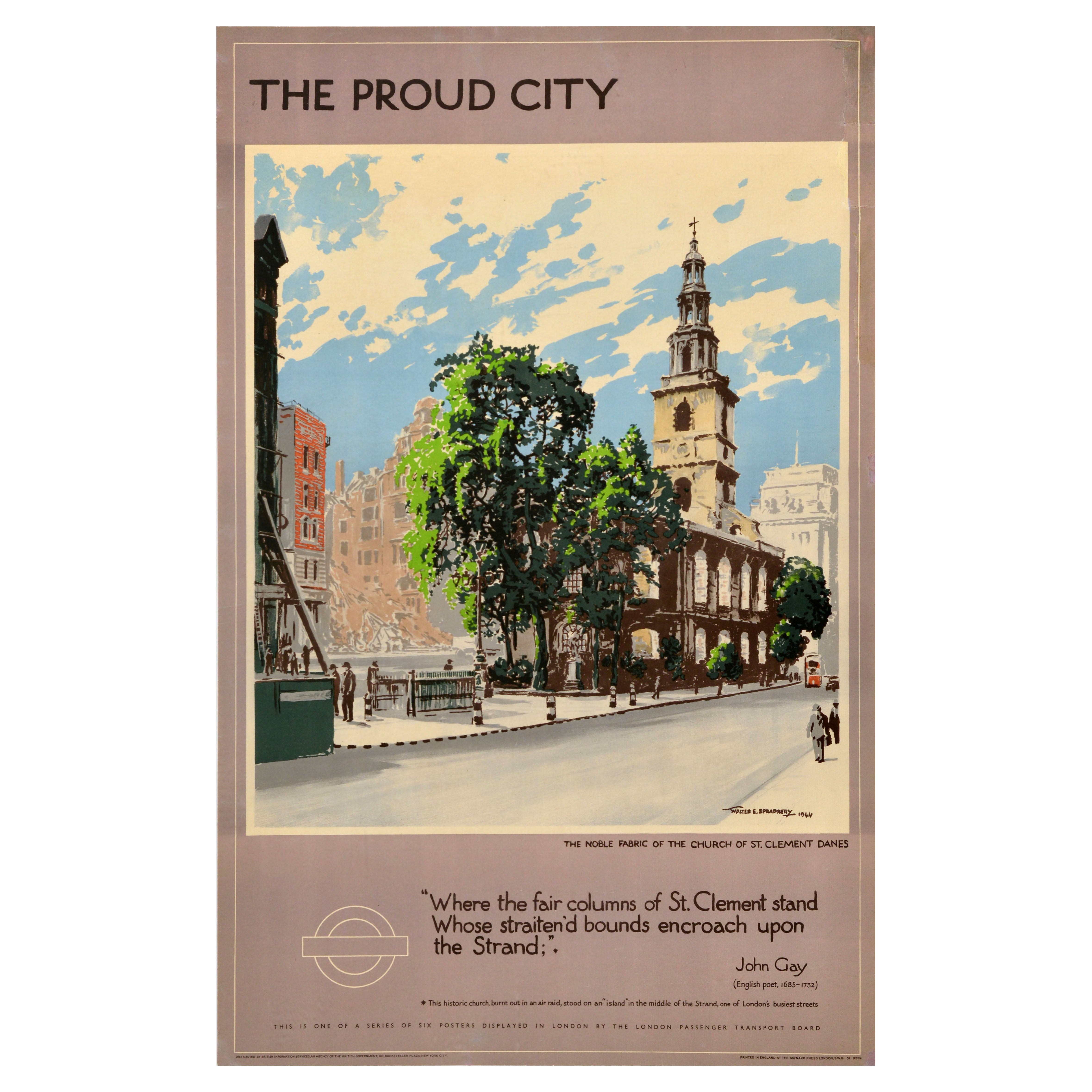 Poster originale d'epoca dei trasporti londinesi The Proud City St Clement Strand UK