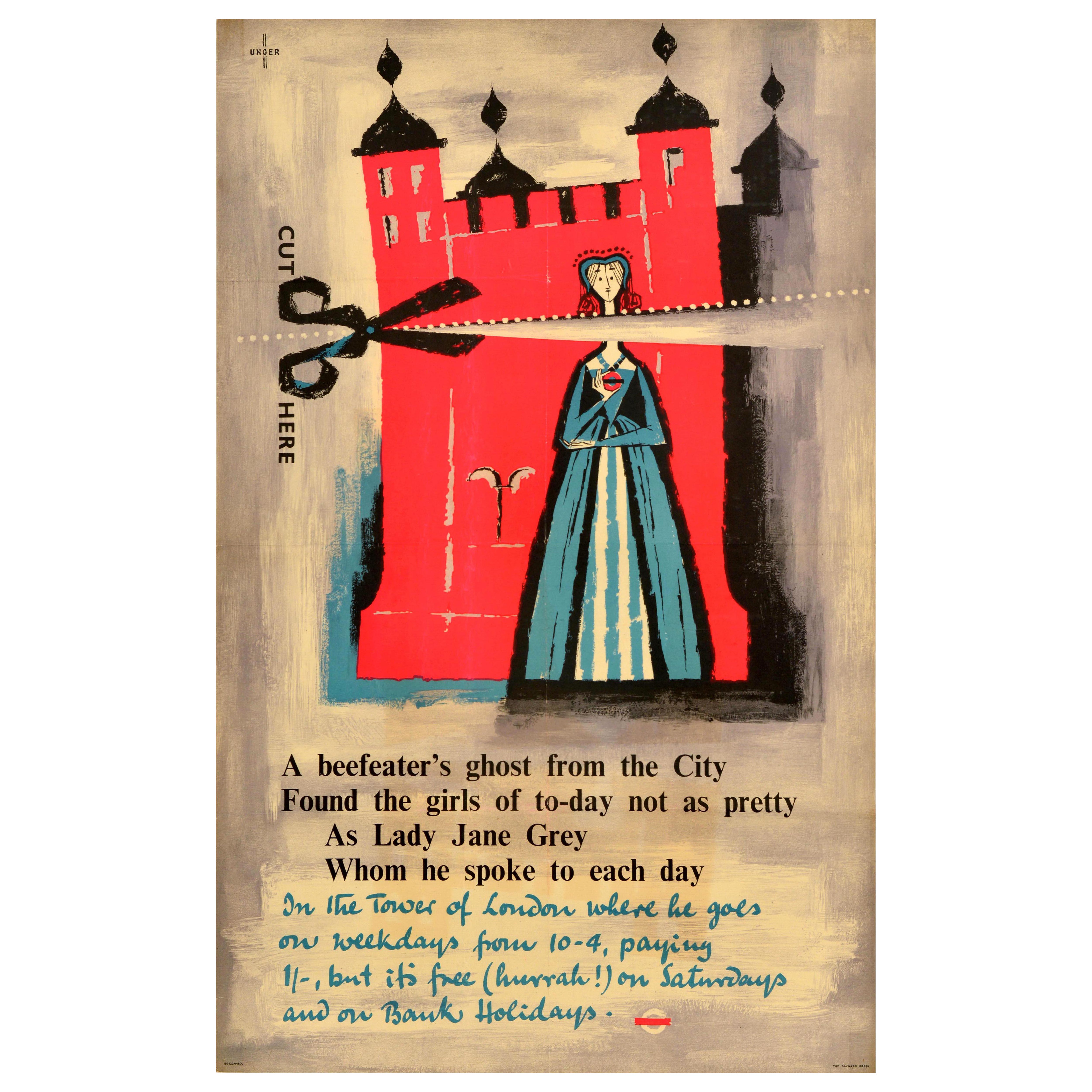 Poster originale d
epoca sui trasporti di Londra Torre di Londra Beefeaters Ghost Unger in vendita