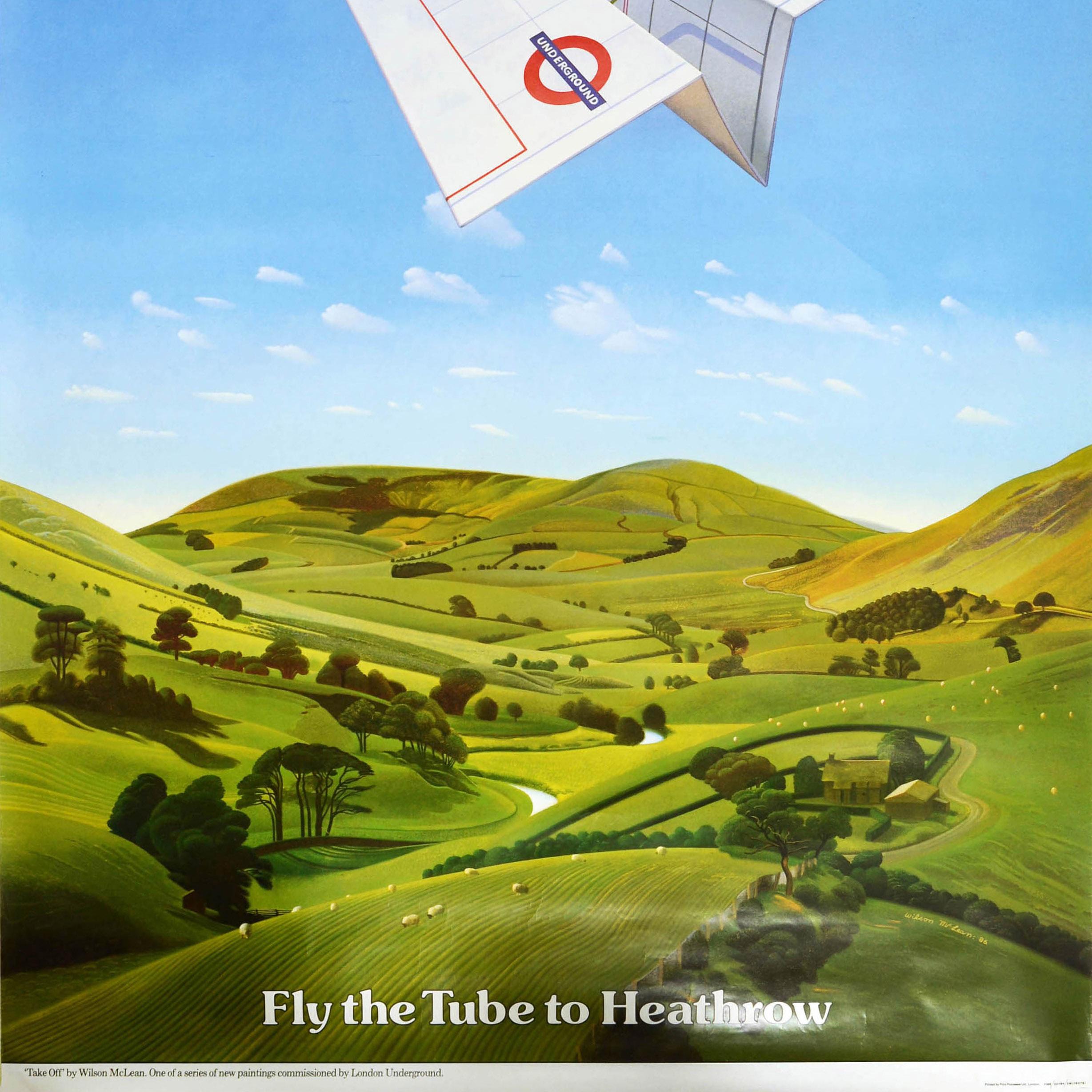 British Original Vintage London Transport Poster Tube To Heathrow Origami Plane Design For Sale