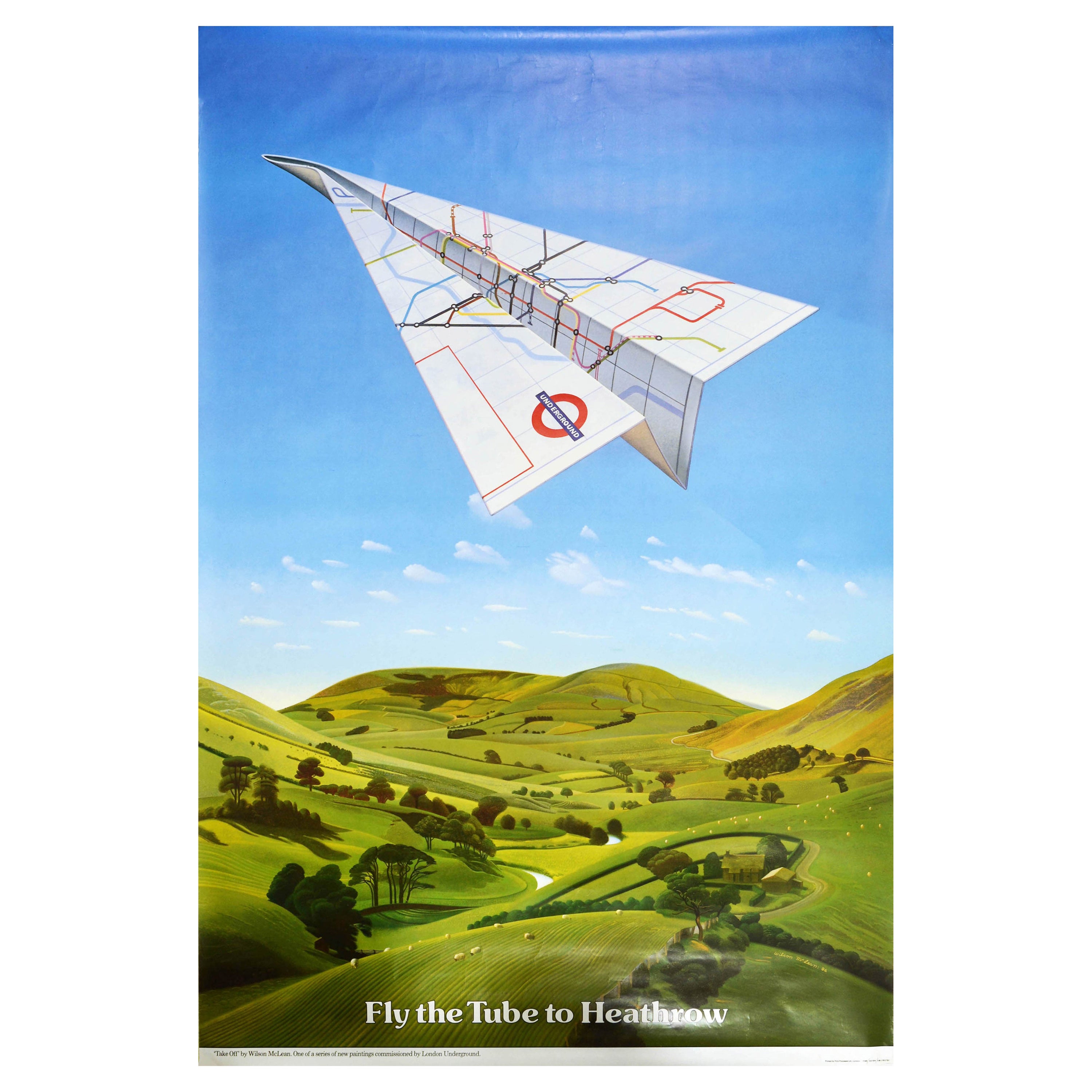 Affiche rétro originale des transports à Londres, Tube To Heathrow, Dessin d'un avion Origami en vente