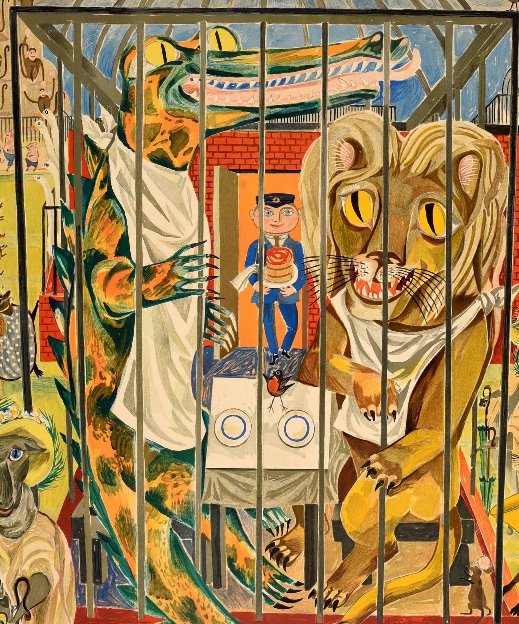 Original vintage London Transport poster featuring the fun and colourful surreal artwork Wild Or Savage by Betty Swanwick (1915-1989) depicting various animals and birds that can be found in the open parks and gardens, woods and forests, and zoos in
