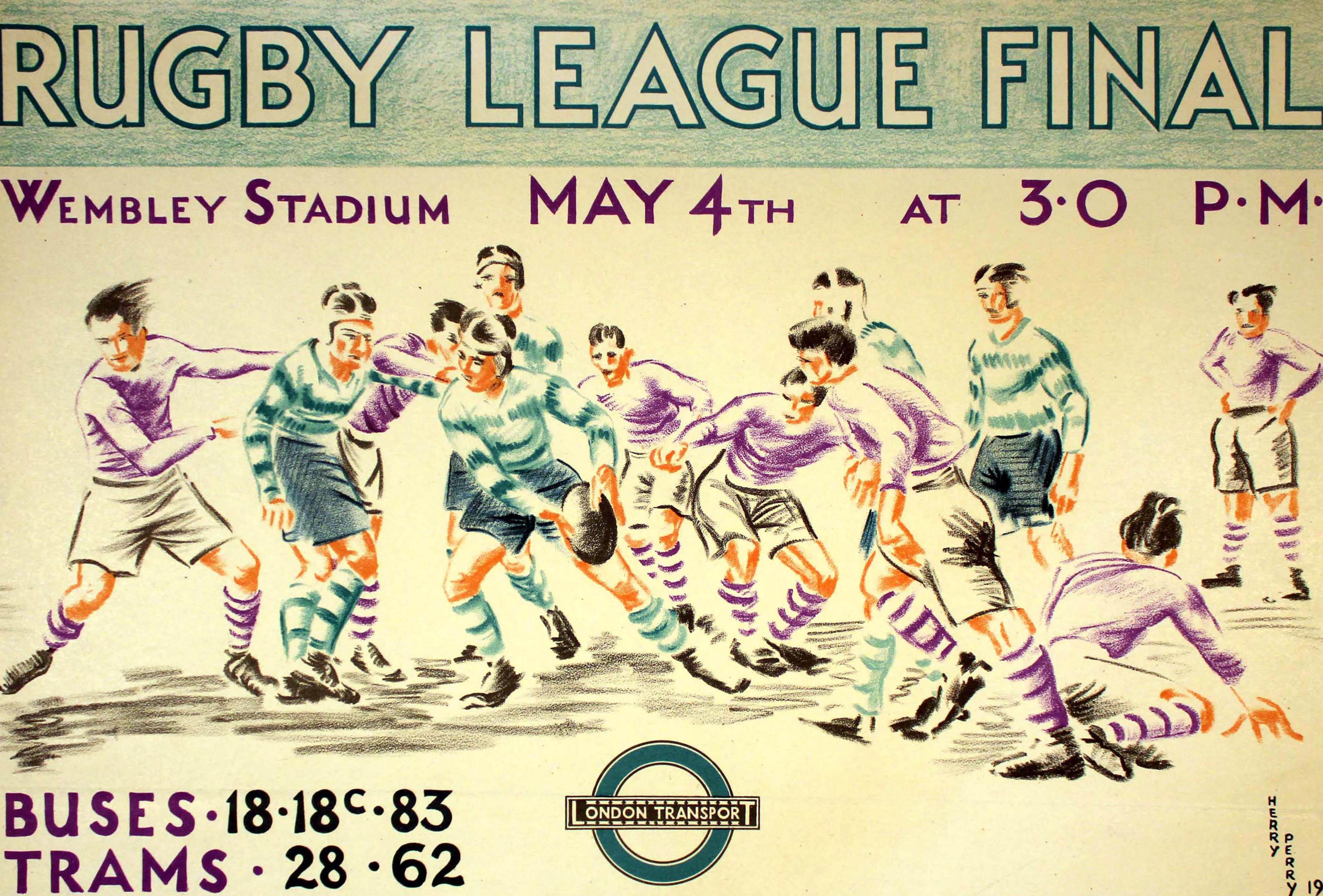 Original vintage London Transport poster for the Rugby League Final Wembley Stadium that took place at 3pm on 4 May 1935. Great design by Heather Perry (known as Herry Perry; 1897-1962) featuring two teams in purple and green in a rugby match