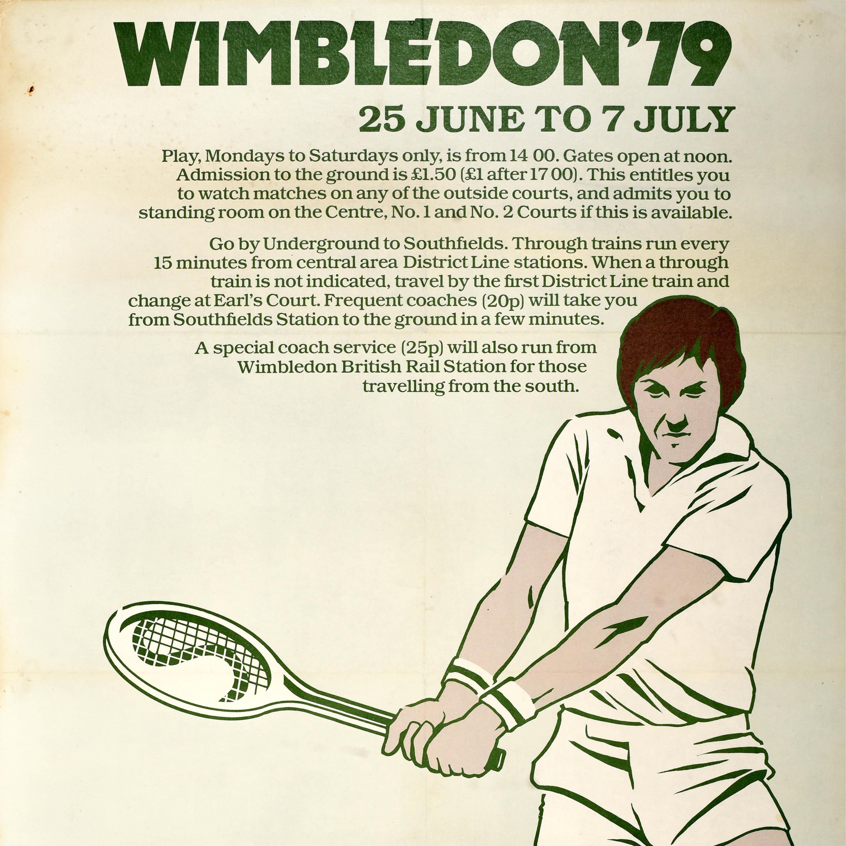Britannico Poster sportivo estivo originale d'epoca dei trasporti londinesi Wimbledon 1979 Tennis in vendita