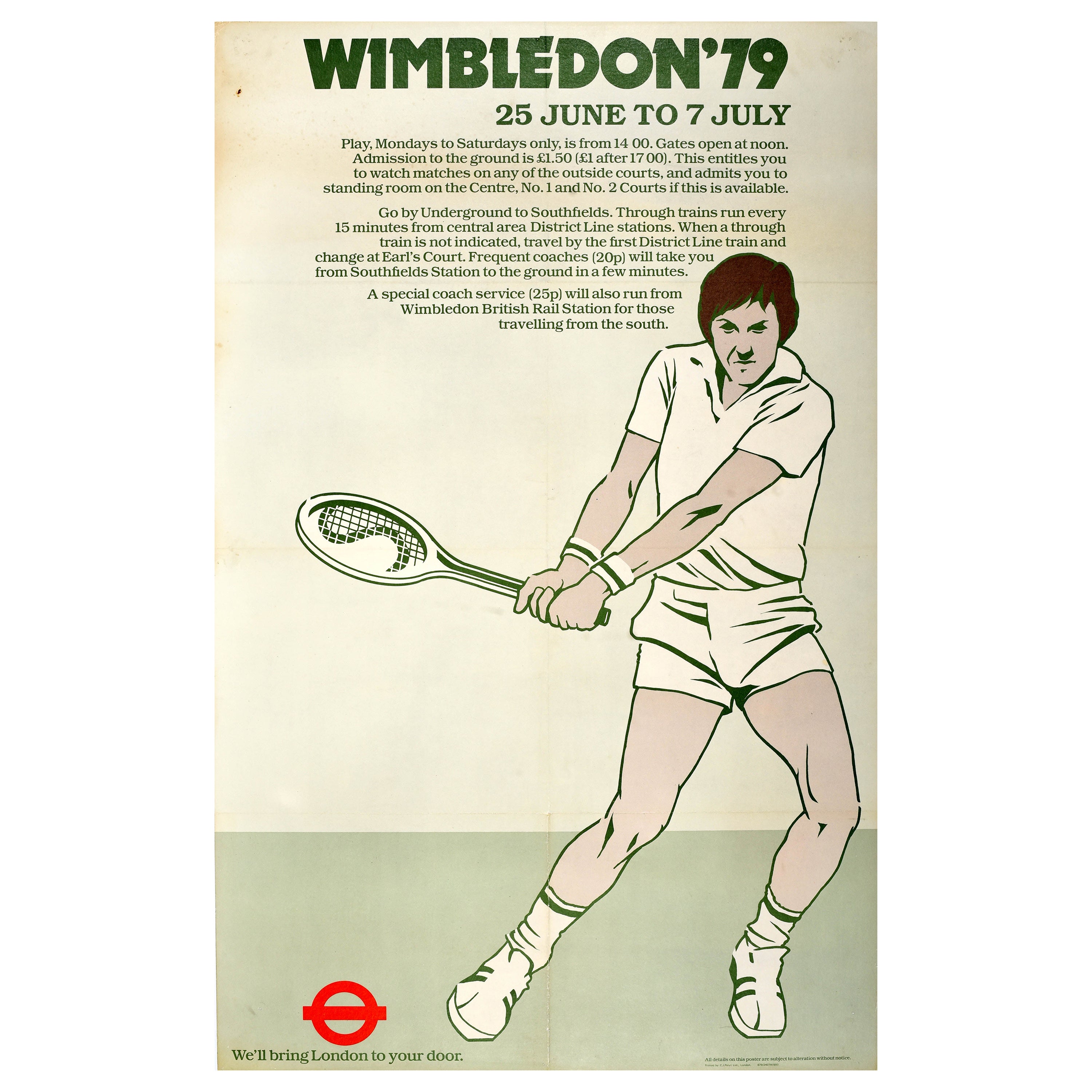 Affiche vintage originale de sport d'été de Wimbledon 1979, Transports de Londres