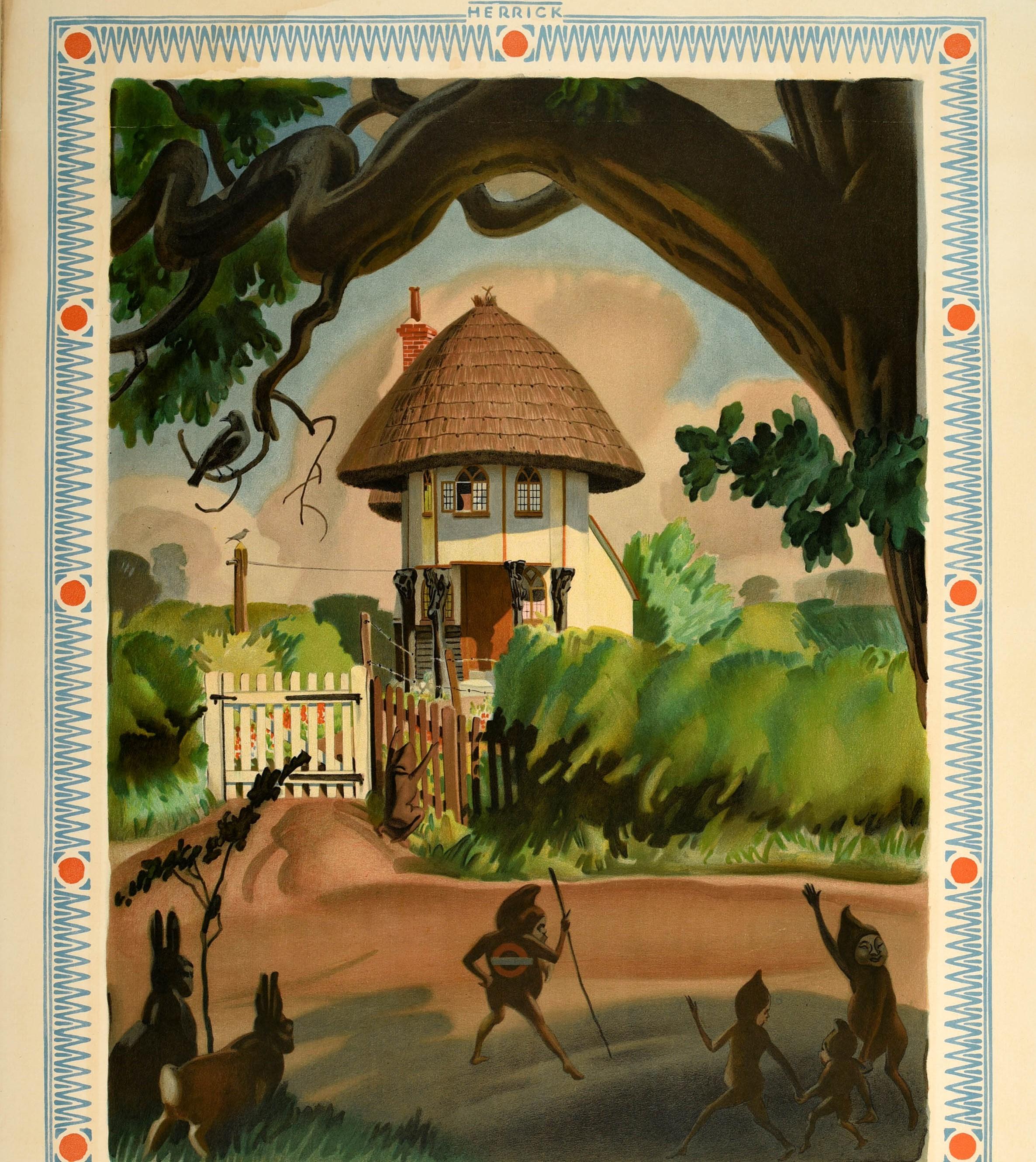 Original vintage London Transport travel poster for Crutch House Latton Harlow in Essex featuring artwork by Frederick Charles Herrick (1887-1970) showing two rabbits watching a group of mythical pixies in the foreground, the lead pixie holding a