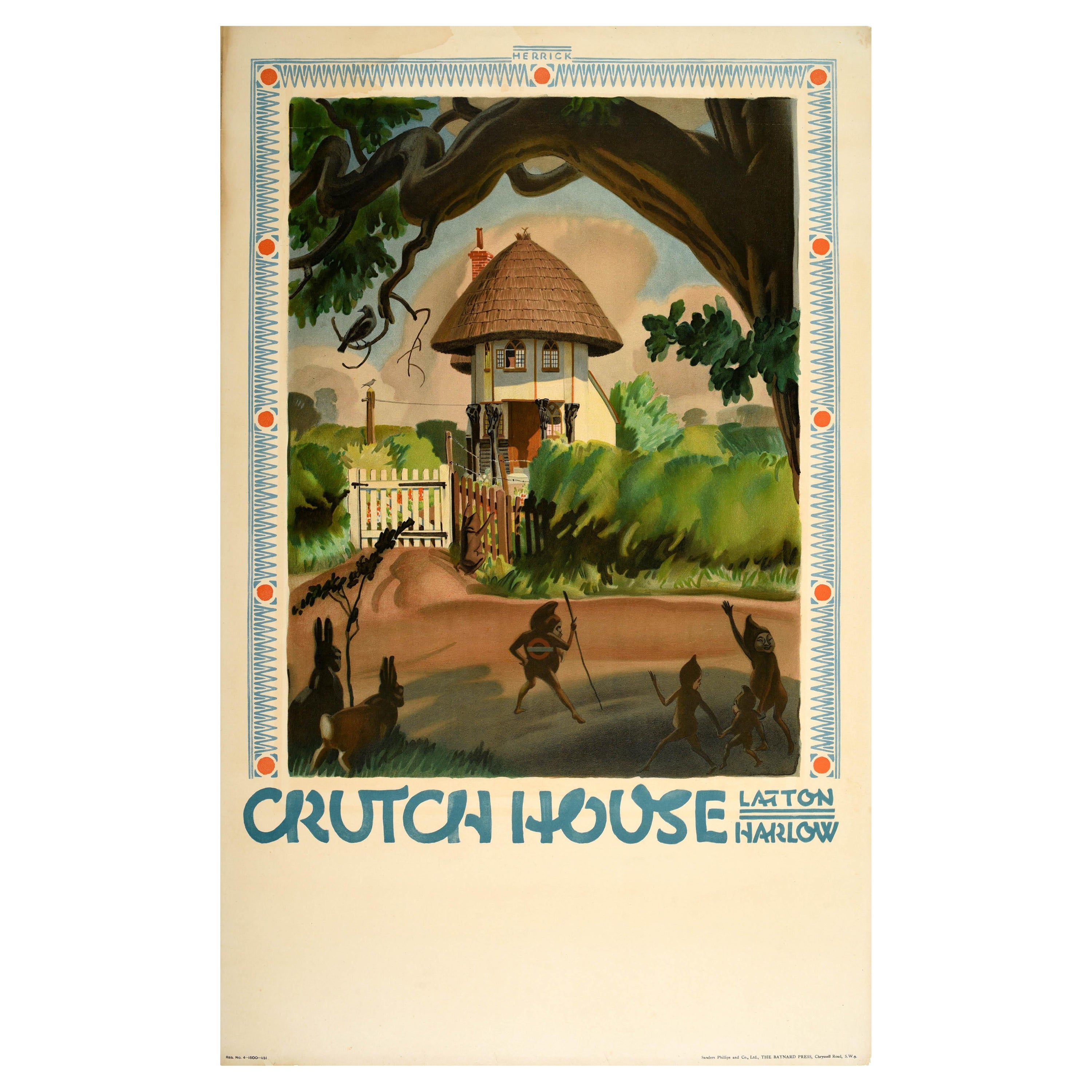 Poster di viaggio originale d'epoca dei trasporti londinesi Crutch House Latton Harlow Pixie in vendita