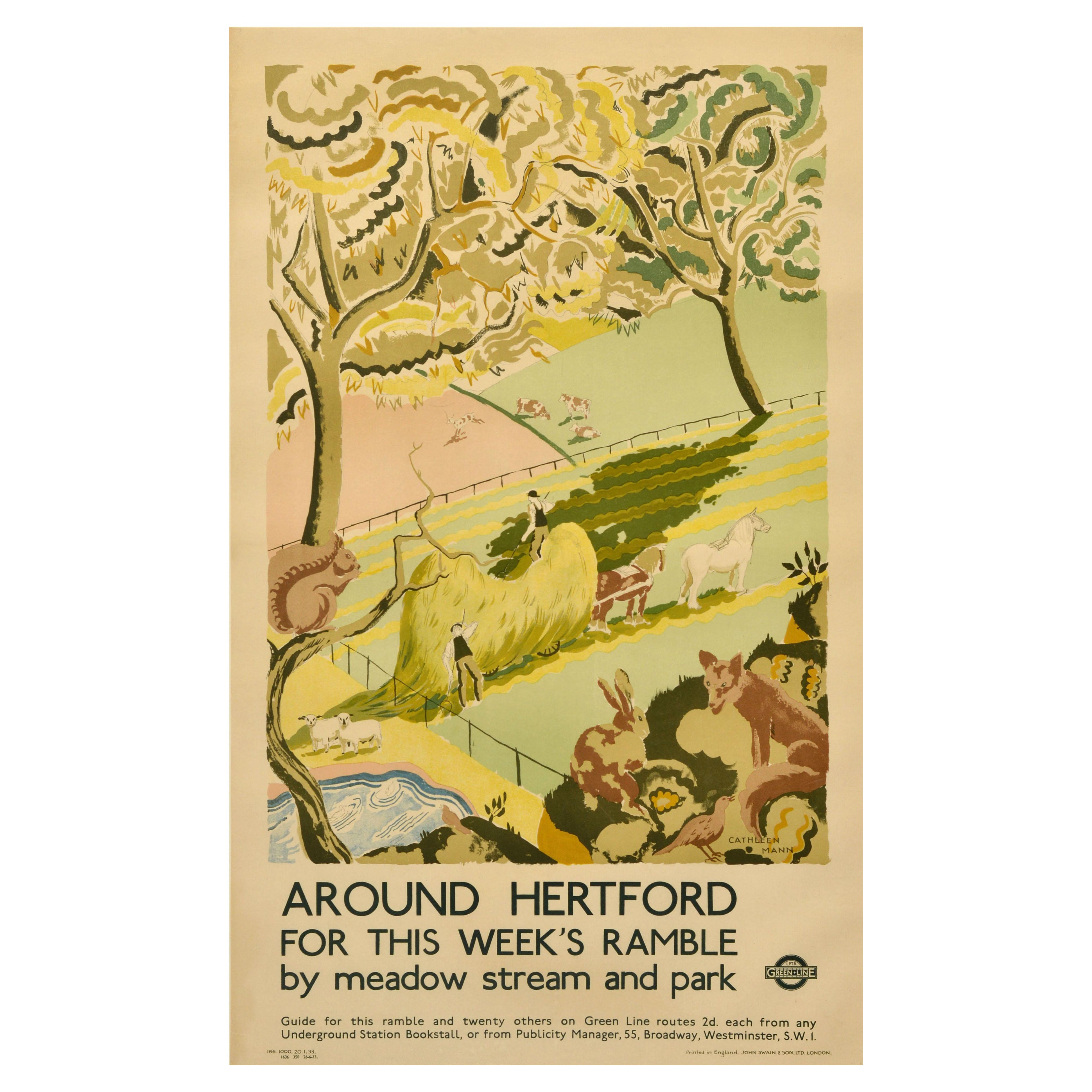 Poster di viaggio originale d
epoca sui trasporti di Londra Hertford Meadow Cathleen Mann