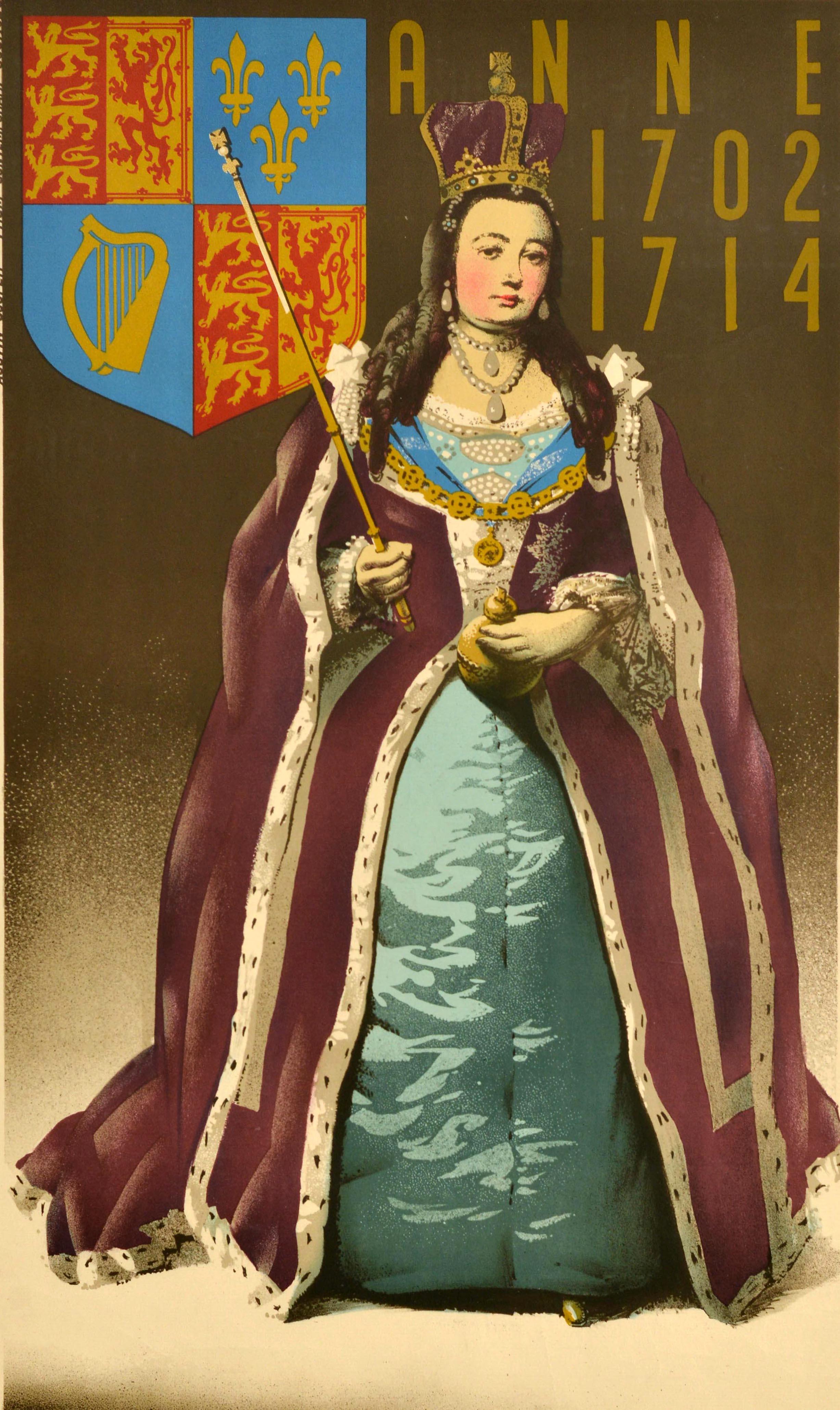 Poster pubblicitario d'epoca dei trasporti di Londra - Visit the Queen's State Apartments Kensington Palace by Underground Anne 1702 1714 - con un disegno regale del noto illustratore e artista commerciale Austin Cooper (1890-1964) che raffigura lo