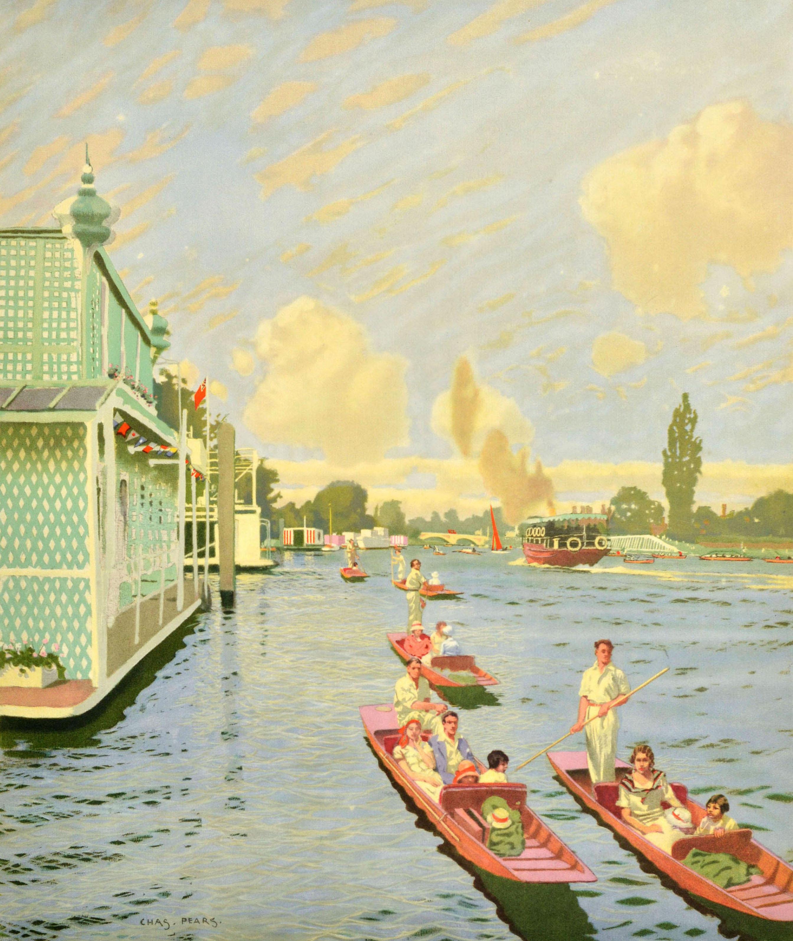 Original vintage London Transport travel advertising poster for Walton Twickenham Windsor featuring a great illustration by the British painter Charles Pears (1873-1958) showing people in summer white clothing punting on boats along the River Thames