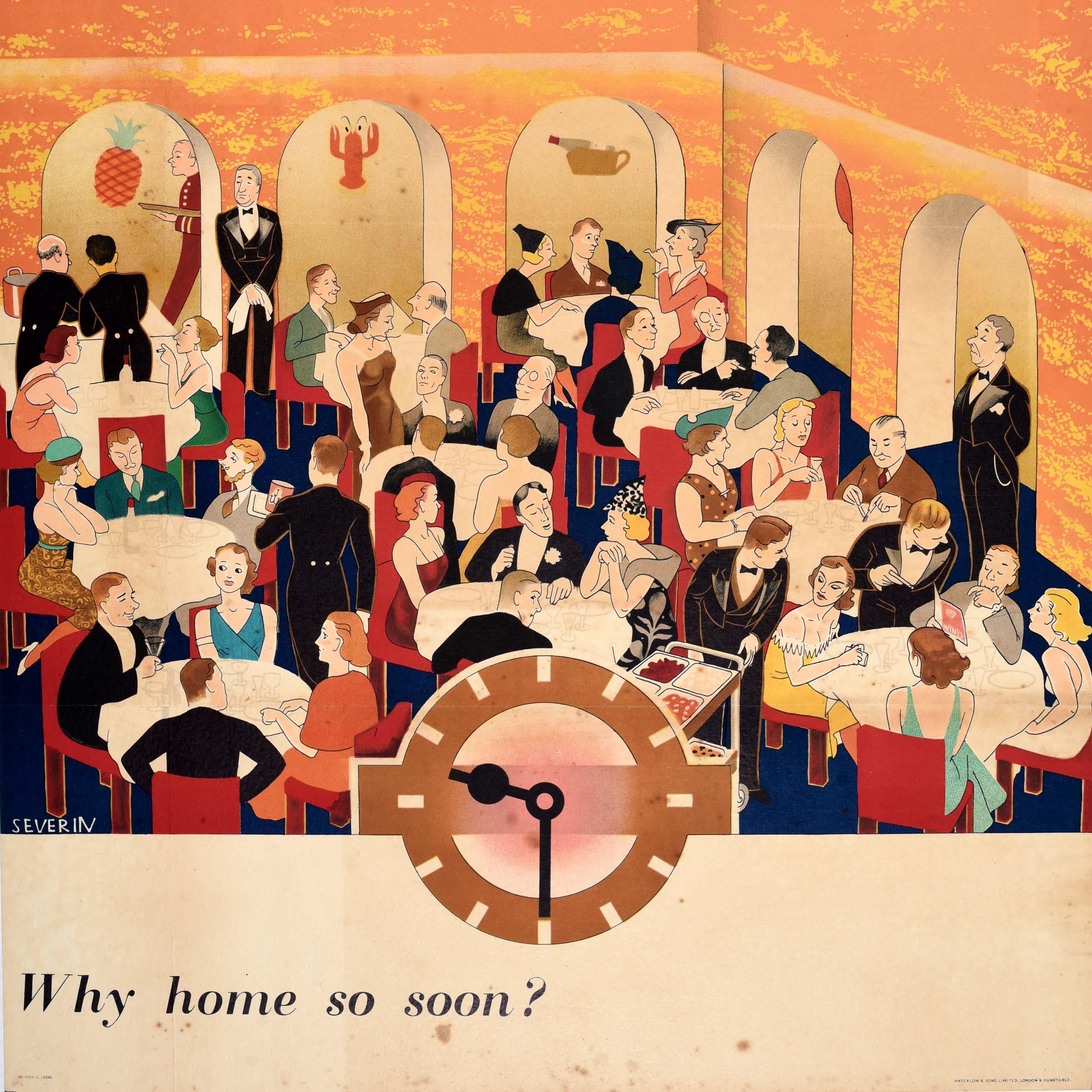 Poster di viaggio originale d'epoca sui trasporti londinesi Why Home So Soon Restaurant UK In condizioni discrete in vendita a London, GB
