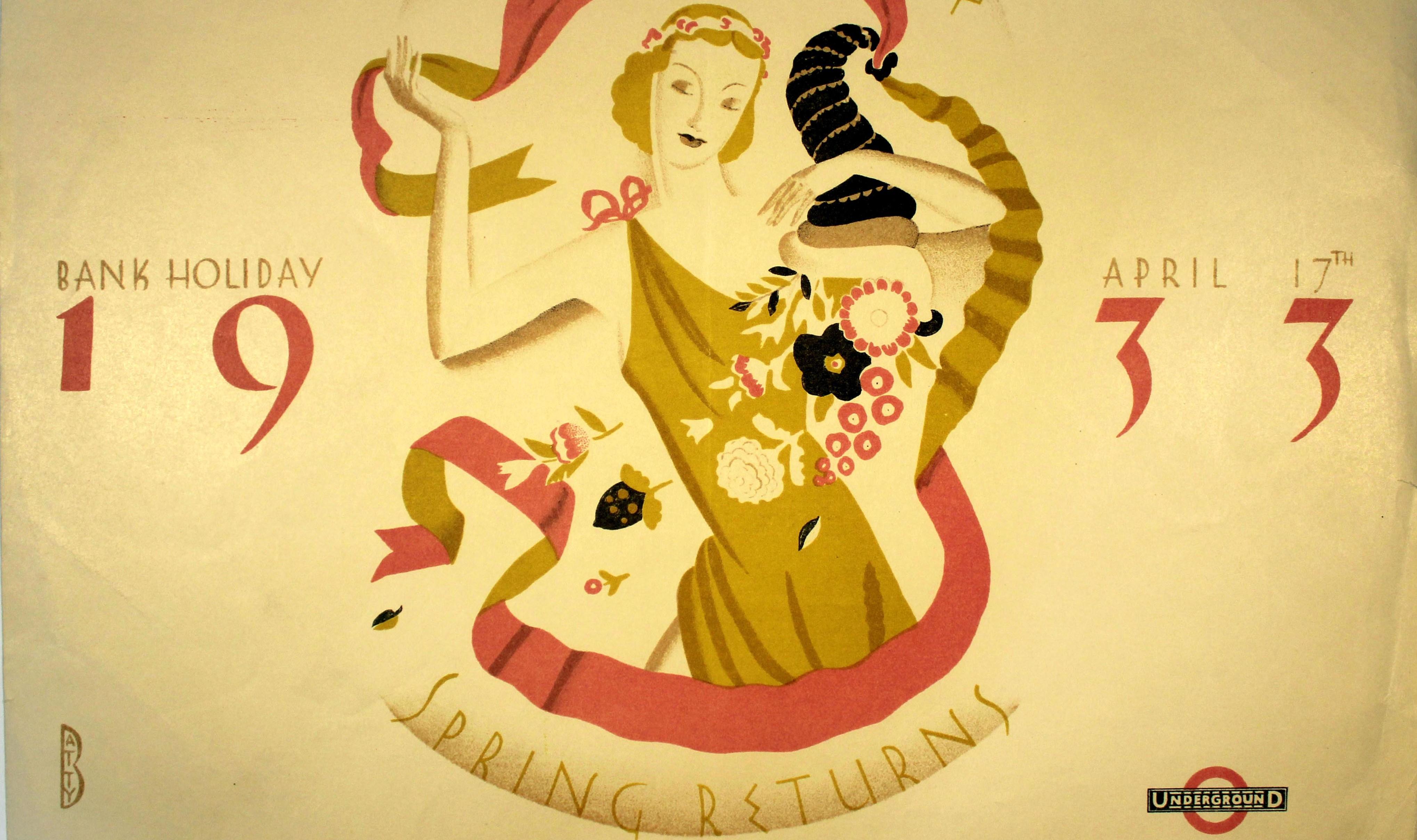 Art Deco Original Vintage London Travel Poster Eastertide Spring Returns Bank Holiday Art