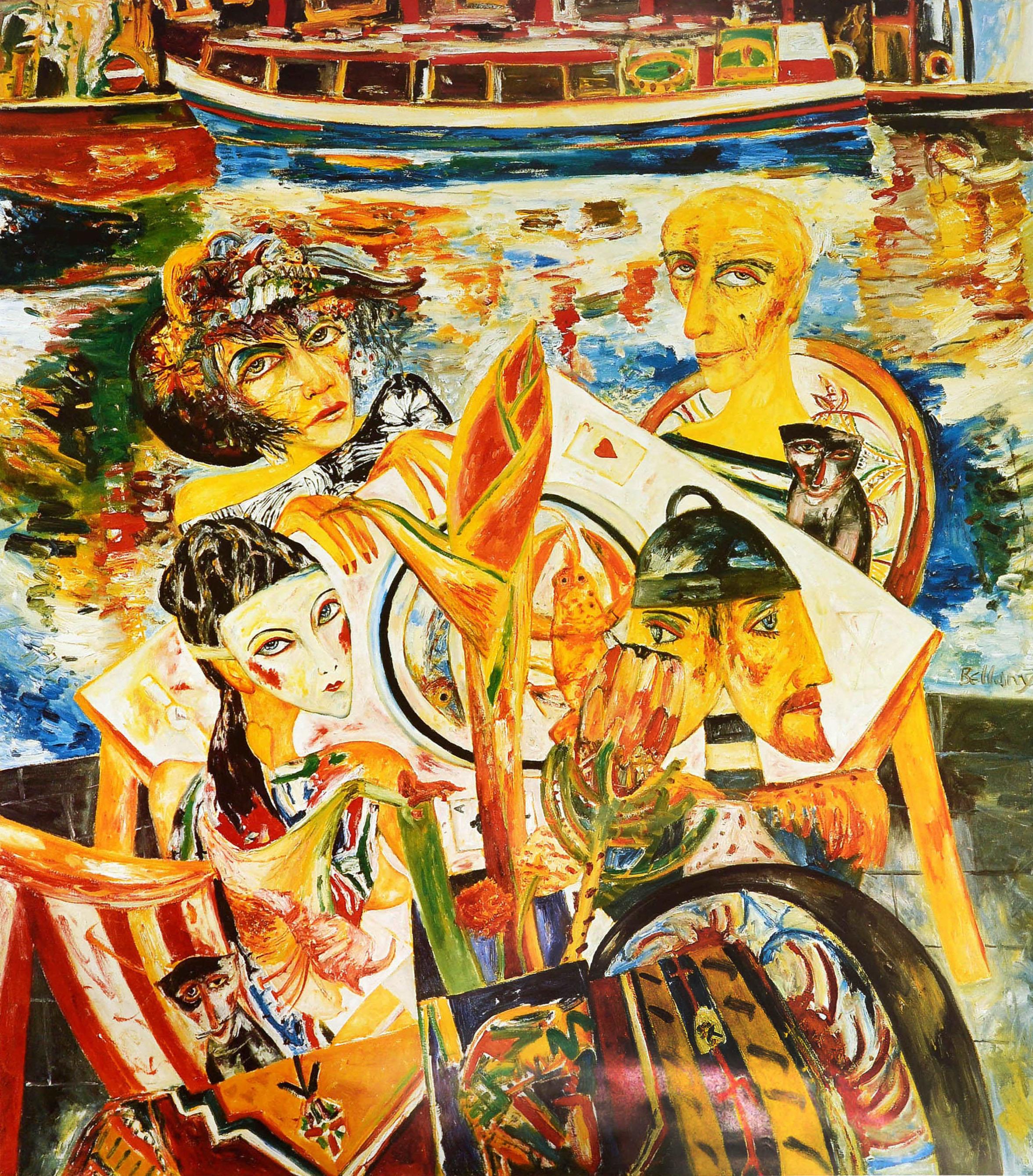 Original vintage London Underground poster for Camden Lock nearest station Camden town. Colourful illustration depicting people enjoying a lobster meal at a table with canal boats on the water. Art on the Underground - Camden Lock by John Bellany a