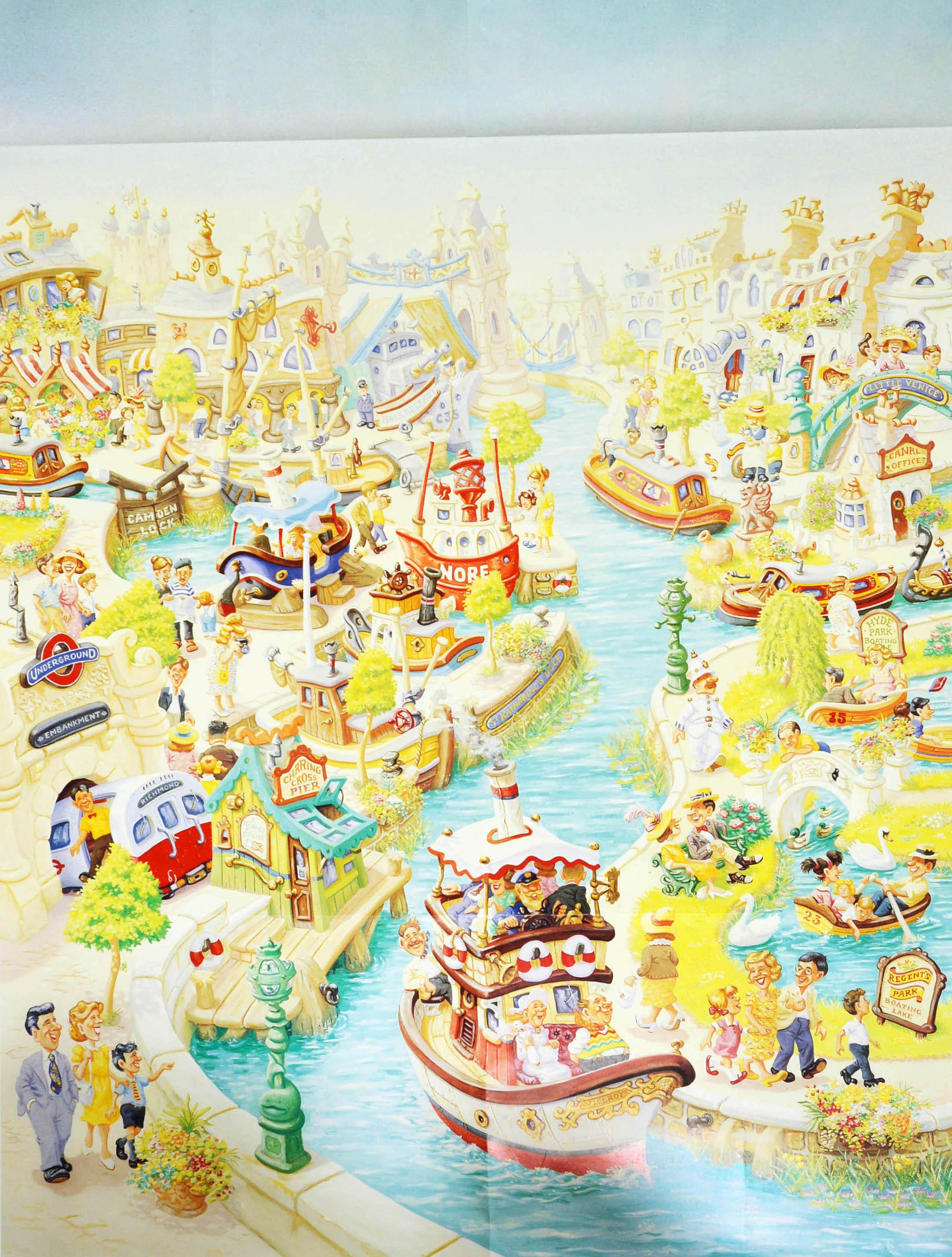 Affiche originale vintage du métro de Londres - catch the boat by tube - avec des illustrations colorées du peintre britannique Charles Shiels (1947-2012) représentant des scènes le long de la Tamise, notamment des bateaux sur l'eau et une rame de