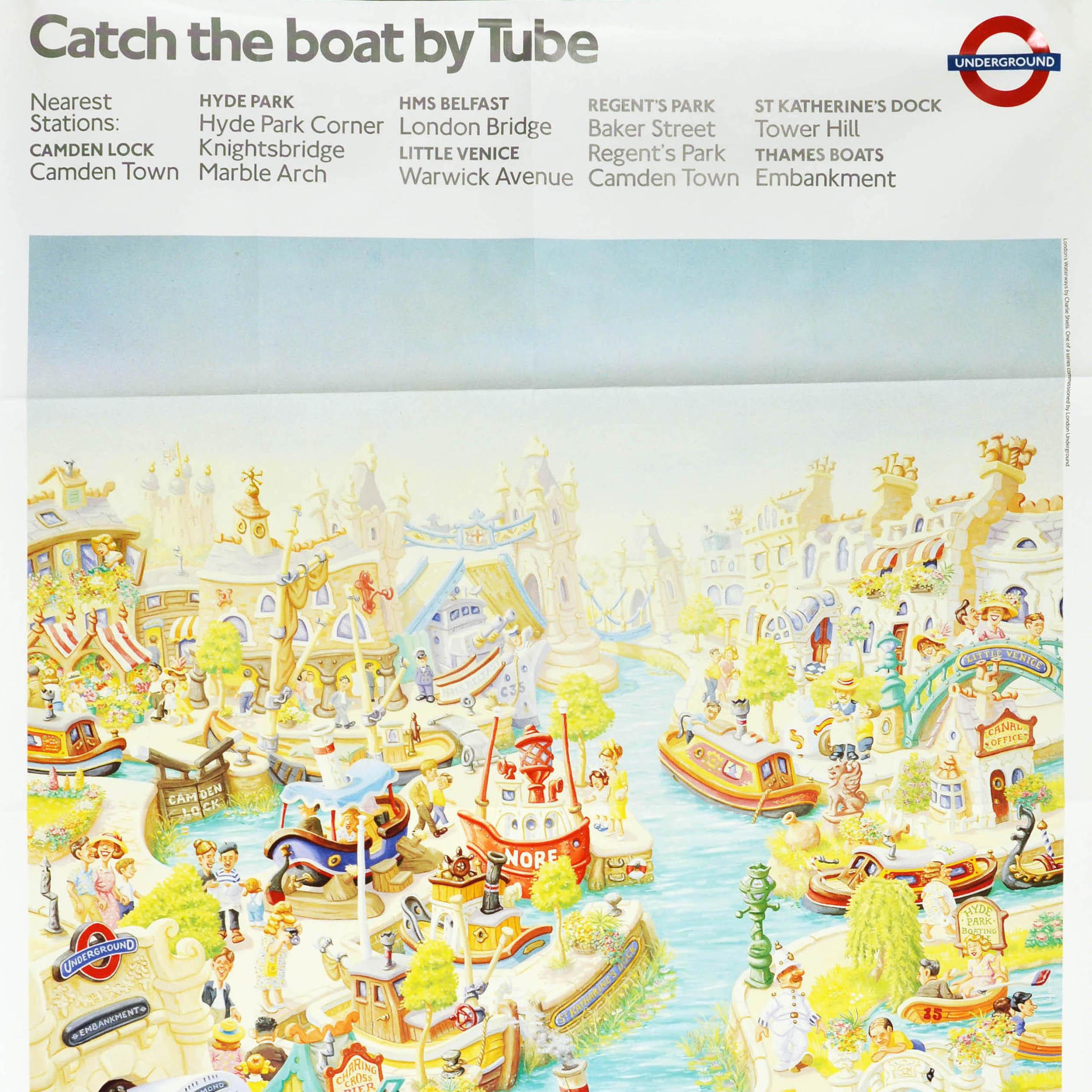 Cartel original vintage del metro de Londres Catch The Boat By Tube Thames Design Británico en venta