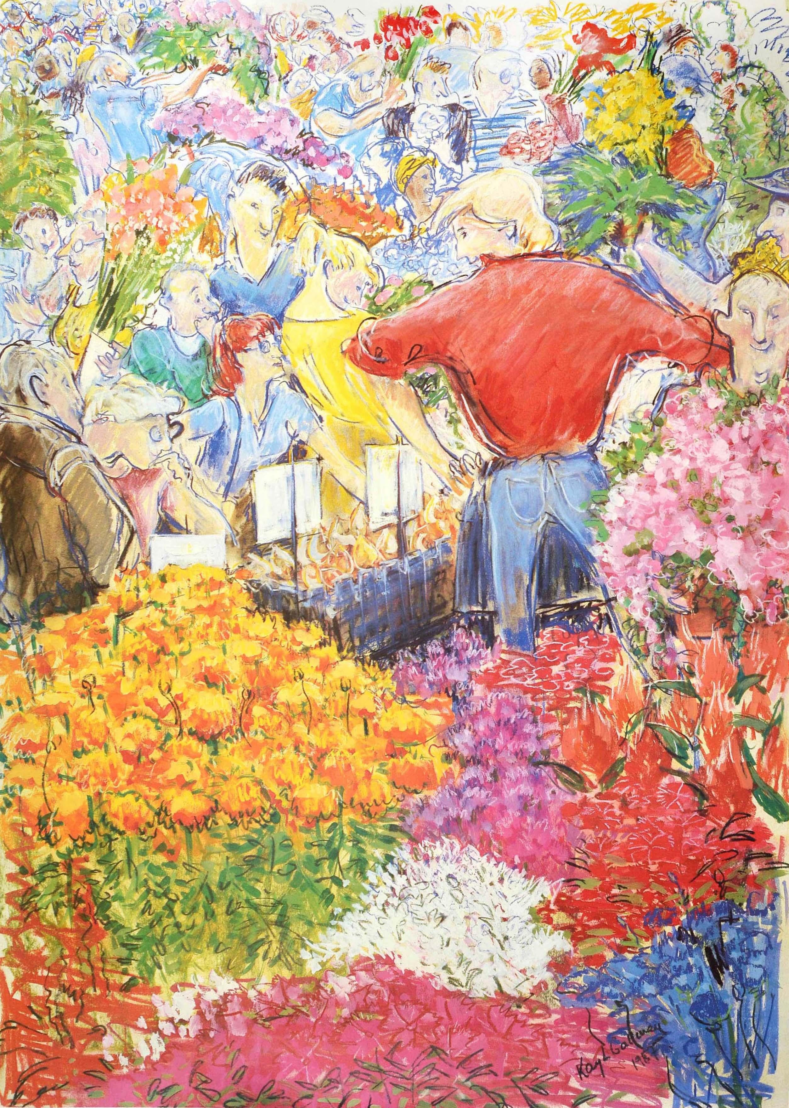 Original vintage London Underground poster - The Flower Market by Tube Sunday mornings at Columbia Road Shoreditch nearest stations Old Street, Shoreditch - featuring a colourful floral image showing a flower seller with people at the market and