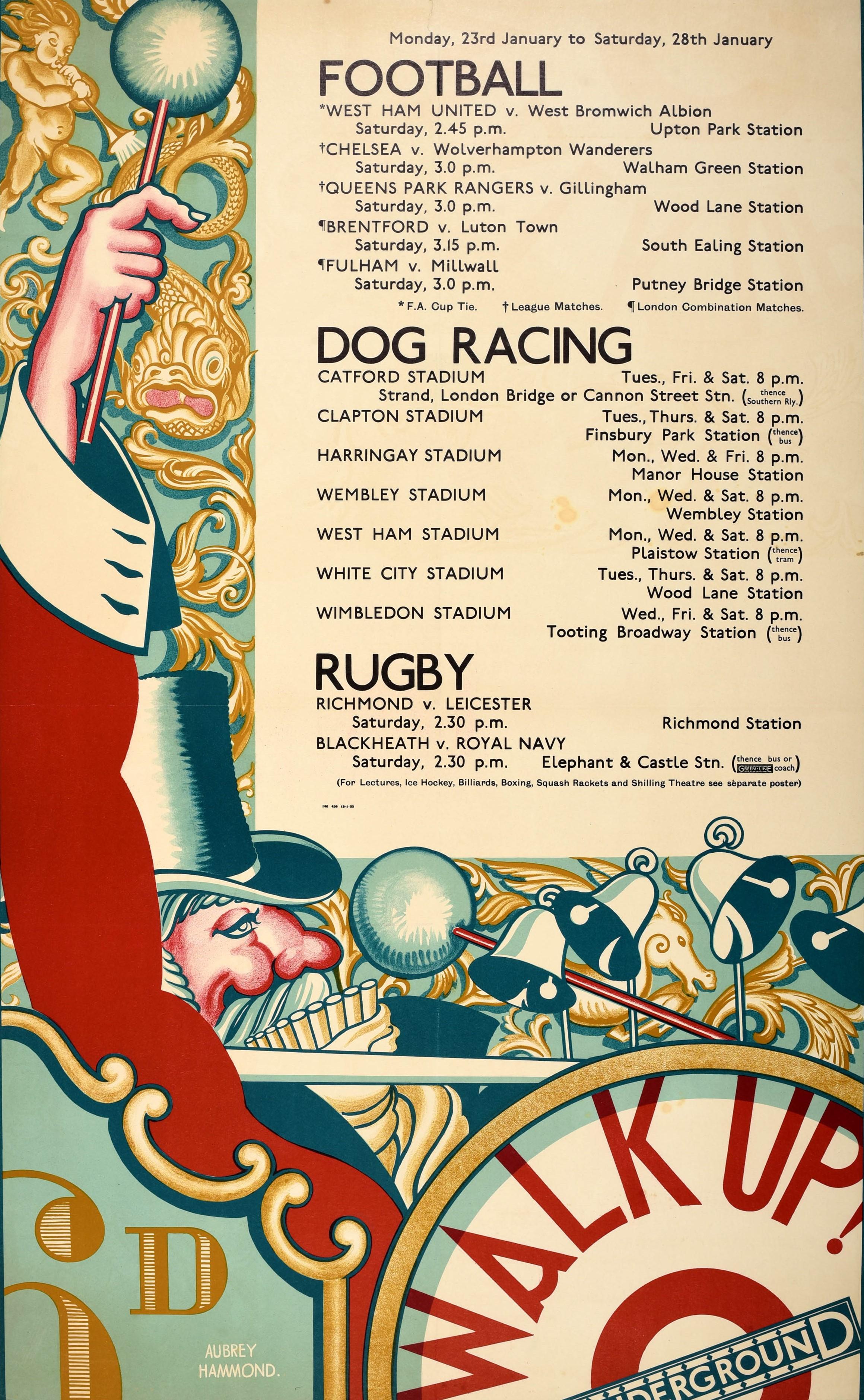 Original Vintage London Underground Poster Football Dog Racing Rugby Sports  Week For Sale at 1stDibs
