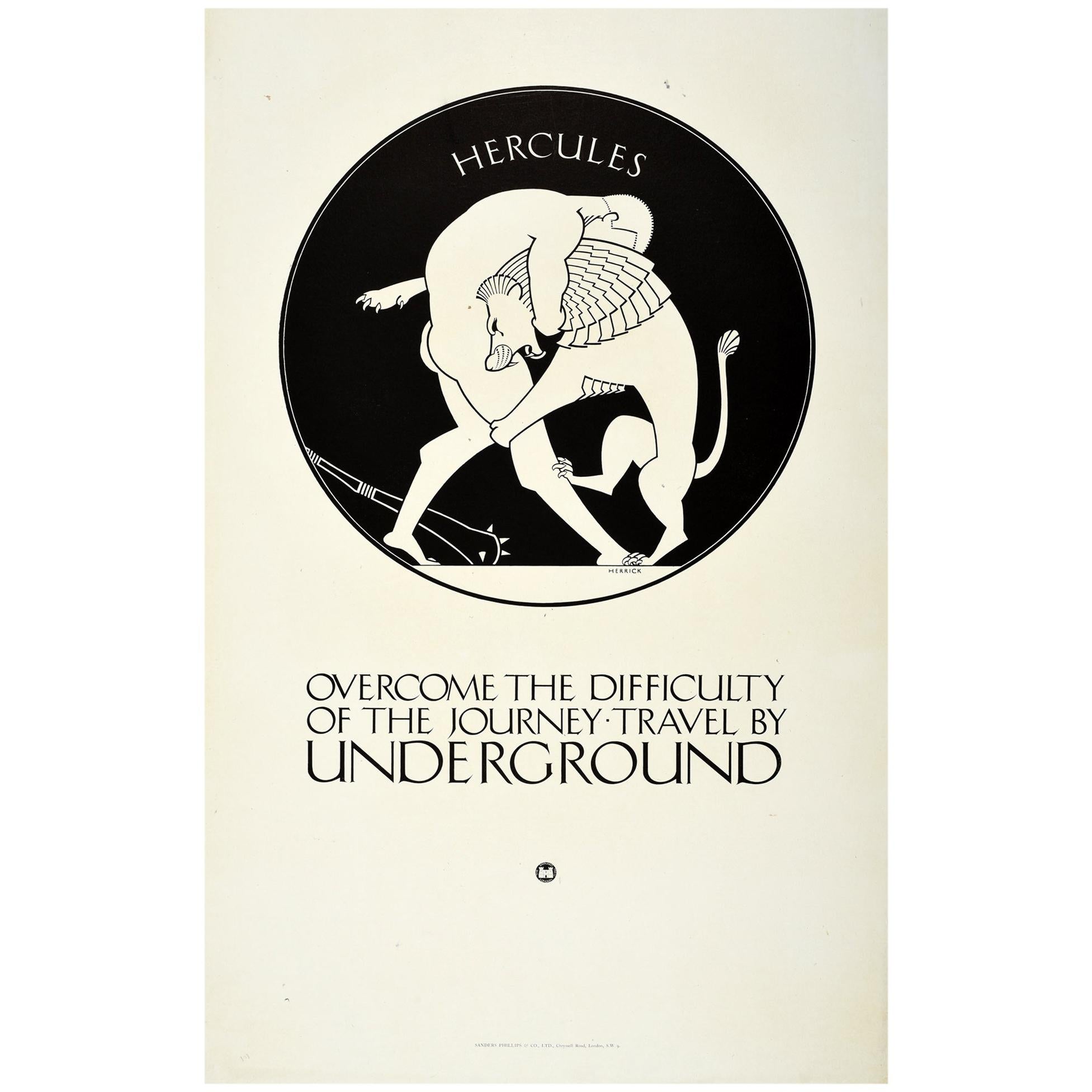 Original Vintage London Underground Poster Hercules Nemean Lion Greek Mythology For Sale