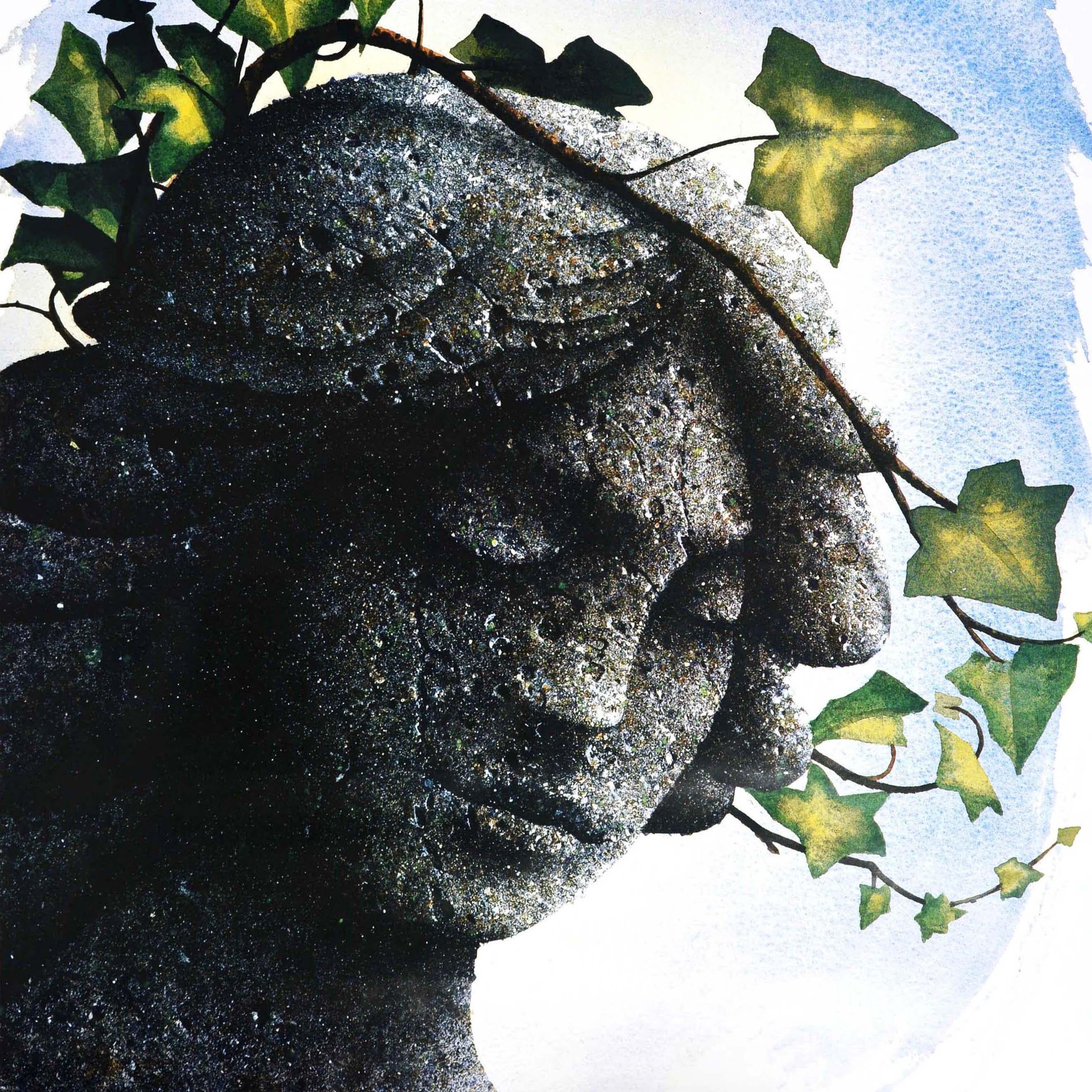 Original vintage London Underground poster for Highgate cemetery swains lane N6 nearest station Archway. Stunning artwork depicting a peaceful headstone of an angel lady with her eyes closed and ivy on her head in front of a blue watercolor paint