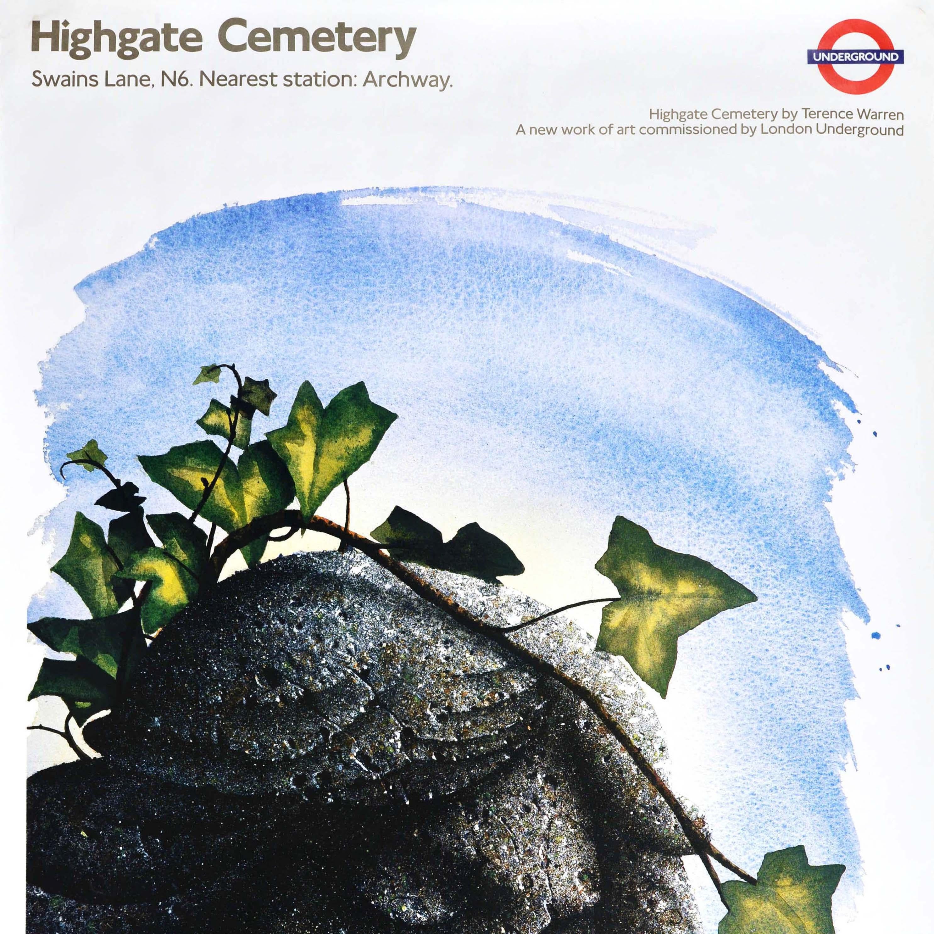 British Original Vintage London Underground Poster Highgate Cemetery Headstone Angel Art For Sale