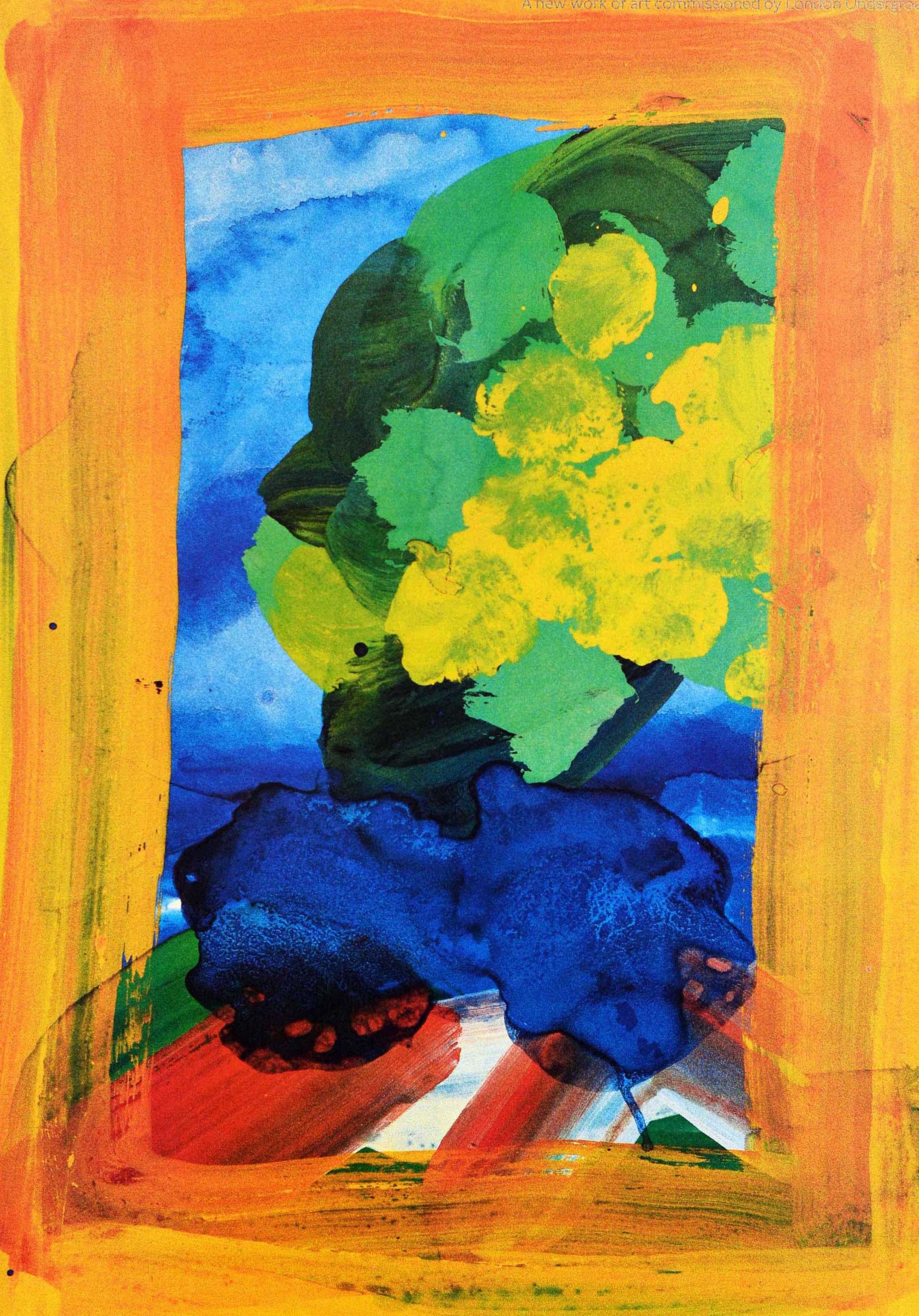 Original vintage London Underground poster - Highgate Ponds nearest stations Hampstead, Highgate. Colourful painterly image of flowers, trees and water inside a yellow orange framed border. Highgate Ponds by Howard Hodgkin a new work of art