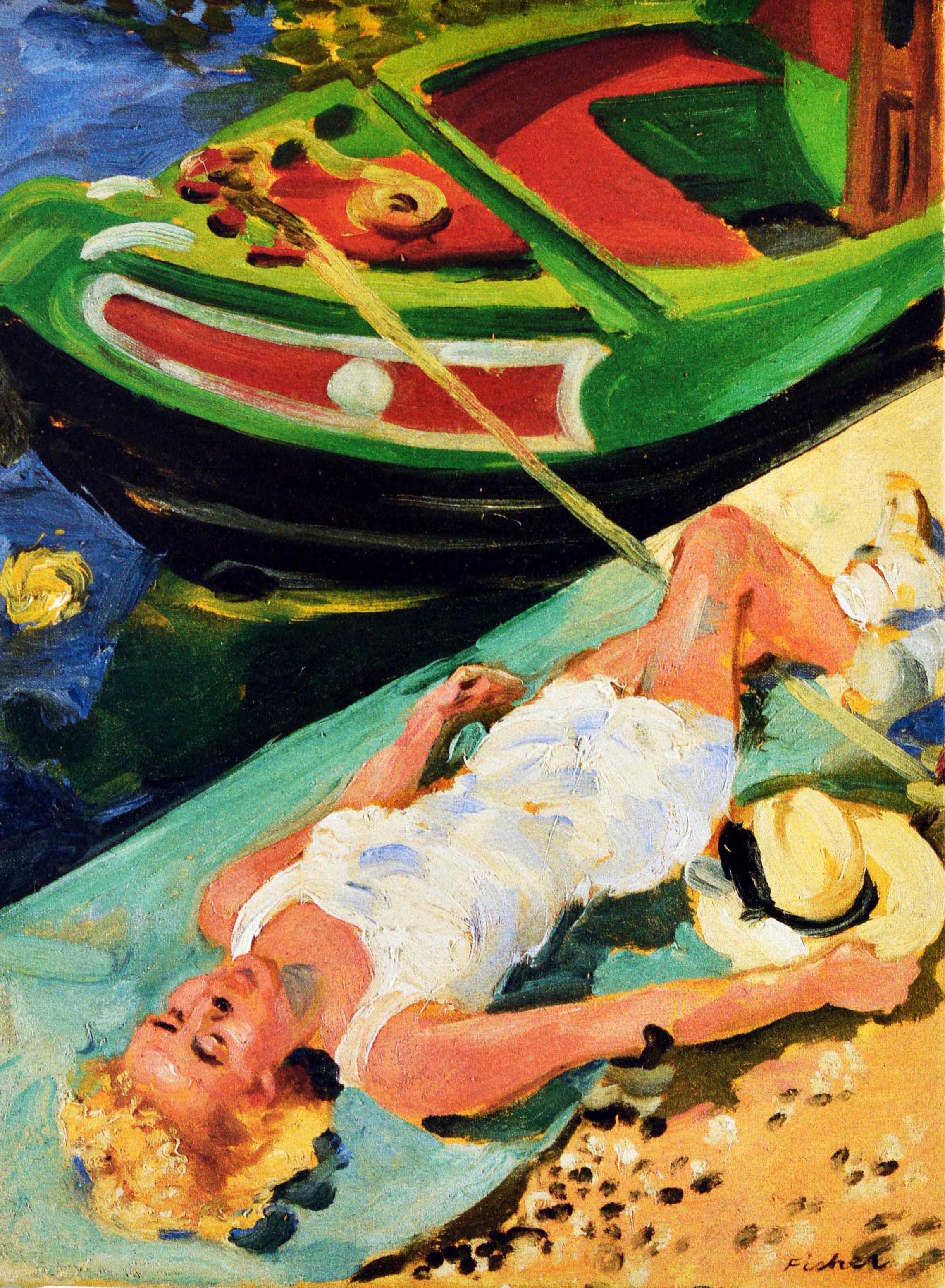 Original vintage London Underground poster - Lazy days, by tube at Little Venice. Nearest station: Warwick Avenue. Great image featuring a lady wearing a white outfit and holding a sun hat lying down sunbathing next to a canal boat on the water.