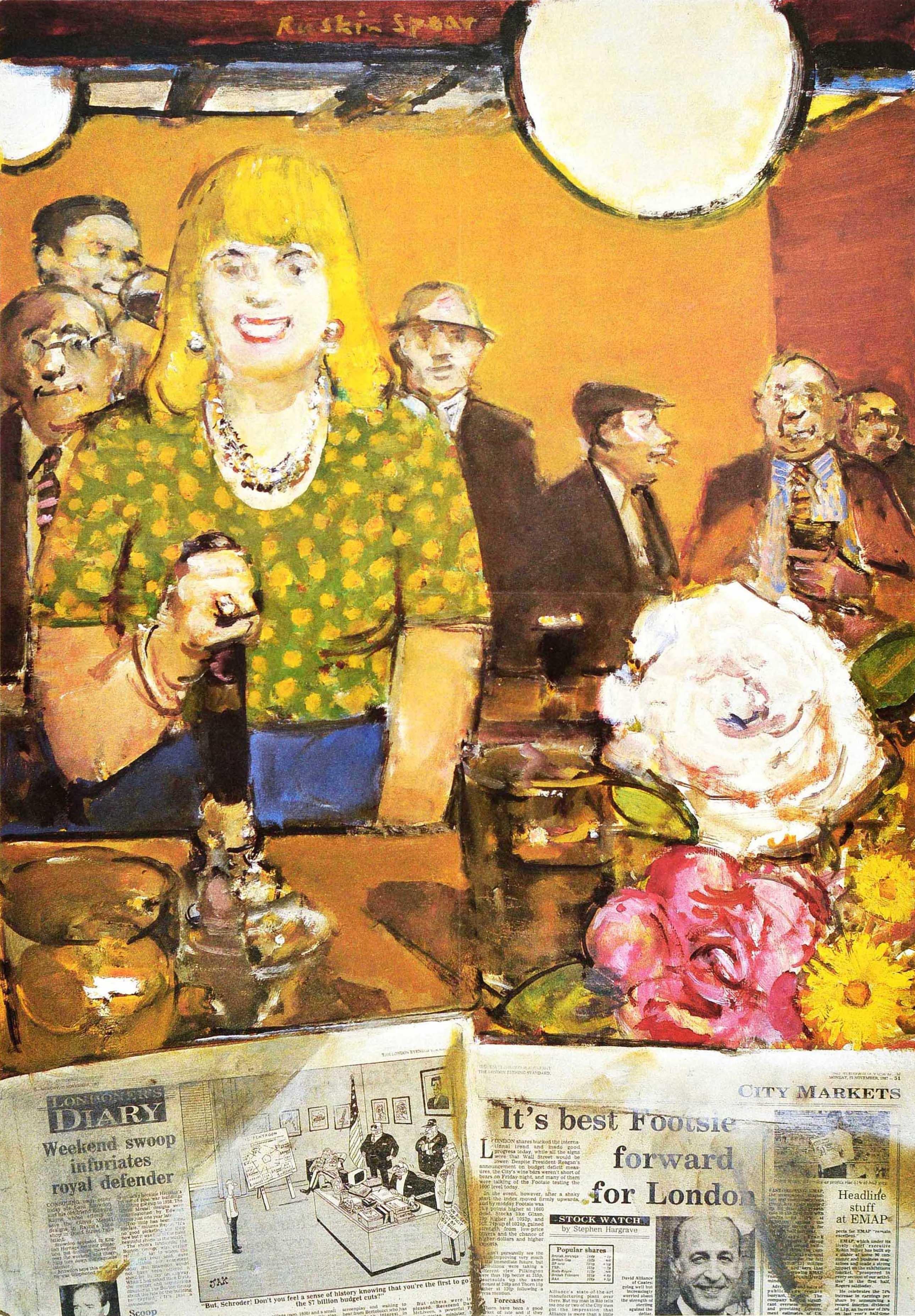 Original vintage London Underground poster for the Art on the Underground series - Art At The Royal Academy nearest stations Green Park, Piccadilly Circus - featuring a pub landlady pulling a pint of beer with customers in the background and flowers