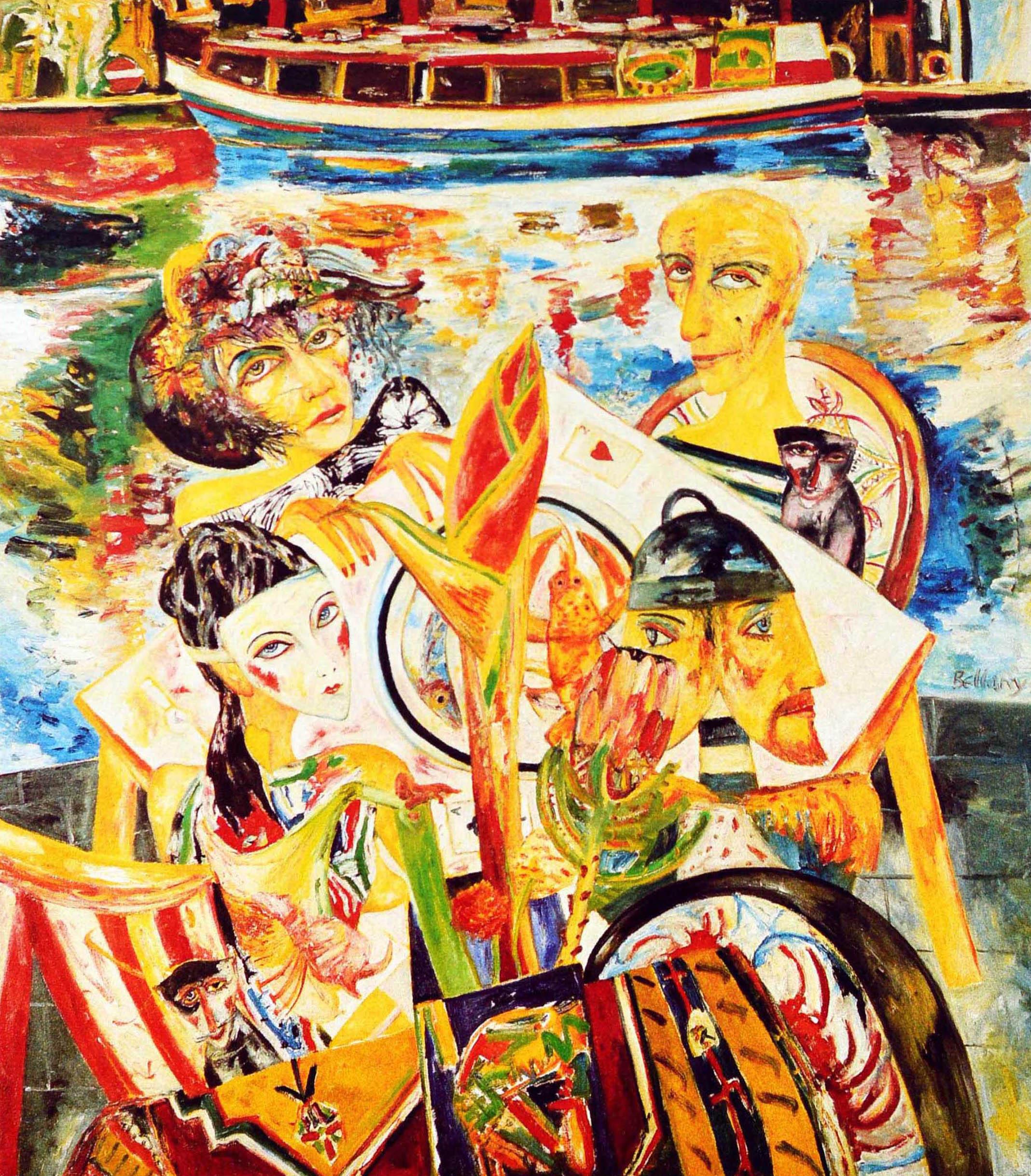 Original vintage London Underground poster for Camden Lock nearest station Camden Town. Colourful illustration depicting people enjoying a lobster meal at a table with canal boats on the water. Art on the Underground - Camden Lock by John Bellany a