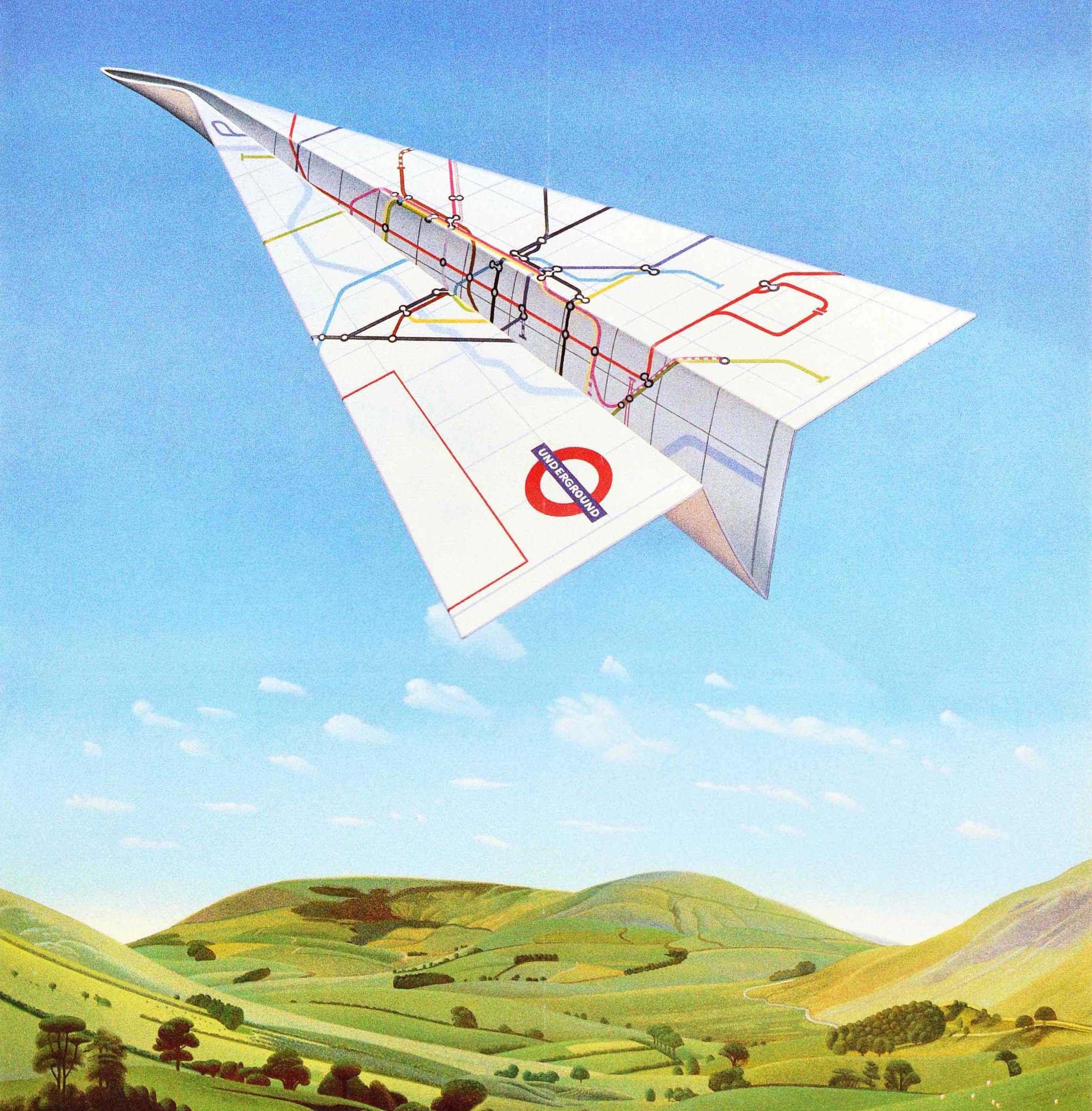 Original vintage London Transport poster encouraging travel via the Underground to Heathrow airport - Fly the Tube to Heathrow - featuring a great design depicting an origami folded tube map as a plane with the London Underground visible on the wing