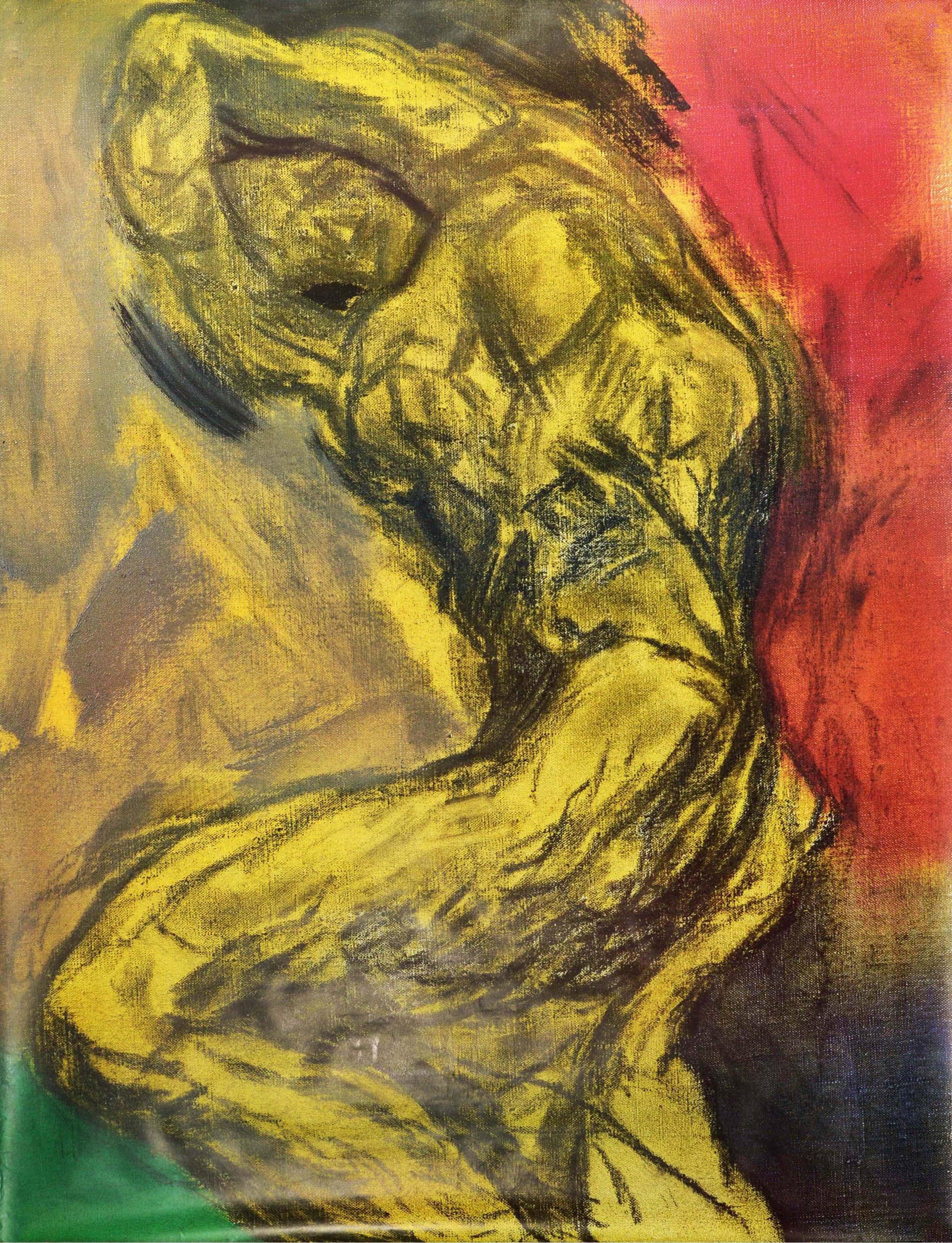 Poster vintage originale della metropolitana di Londra - Find Michelangelo at the V&A nearest station South Kensington - con un disegno pastiche dell'artista americano Ronald Brooks Kitaj (1932-2007) della scultura The Dying Slave di Michelangelo al