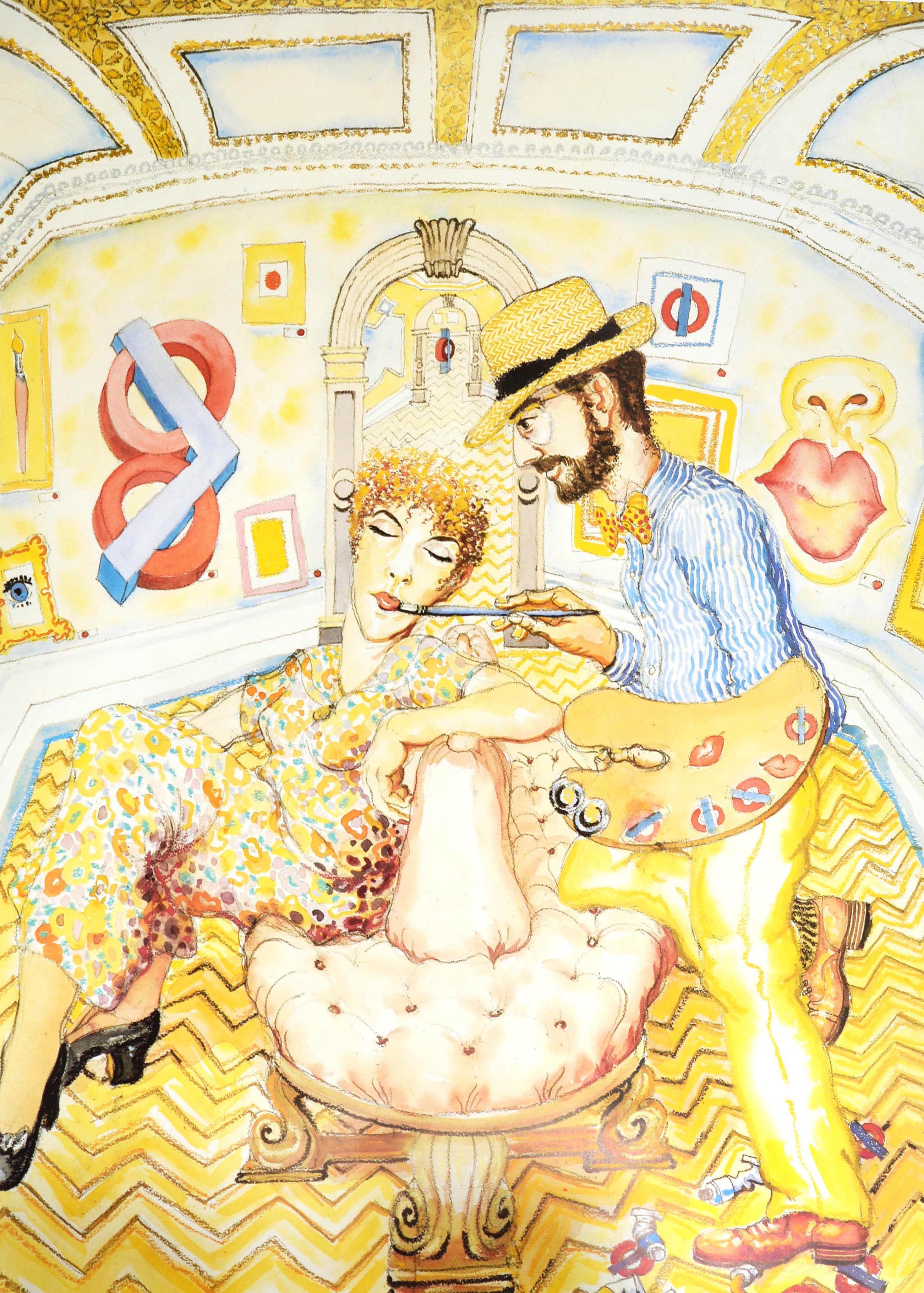 Affiche originale vintage du métro de Londres - La Royal Academy of Arts, stations les plus proches de Green Park, Piccadilly Circus - présentant un dessin abstrait d'un peintre tenant une palette de peinture et peignant le visage d'une dame assise