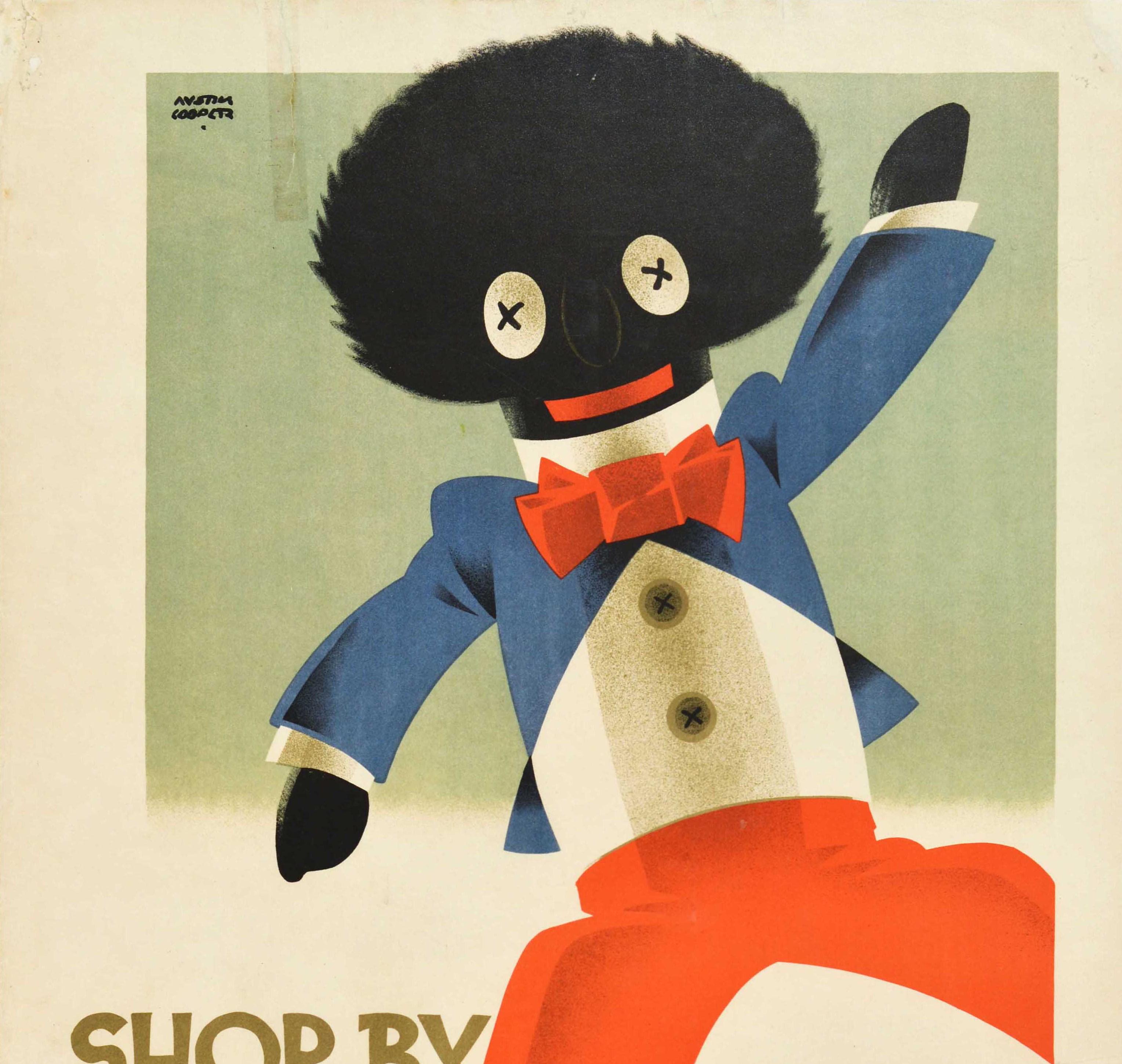 Original vintage London Underground poster by the notable illustrator and commercial artist Austin Cooper (1890-1964) to promote off peak travel on the Tube featuring a colourful image of a smiling golly doll with the Underground logo and text in