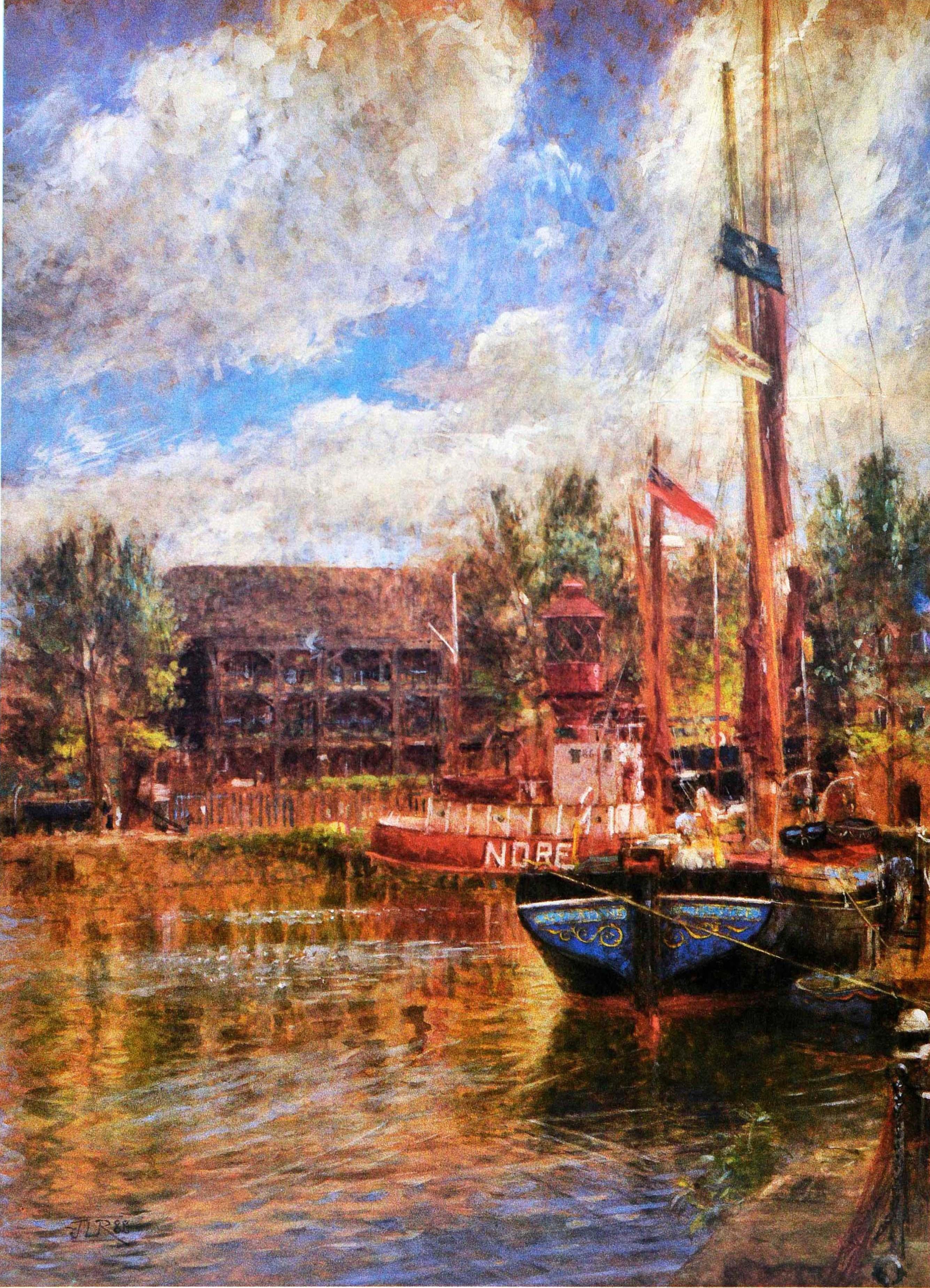 Poster originale d'epoca della metropolitana di Londra - St. Katharine's Dock by Tube nearest station Tower Hill - che raffigura una nave e una barca ormeggiate sul fiume Tamigi con alberi e un edificio sotto il cielo blu nuvoloso visto dalla riva