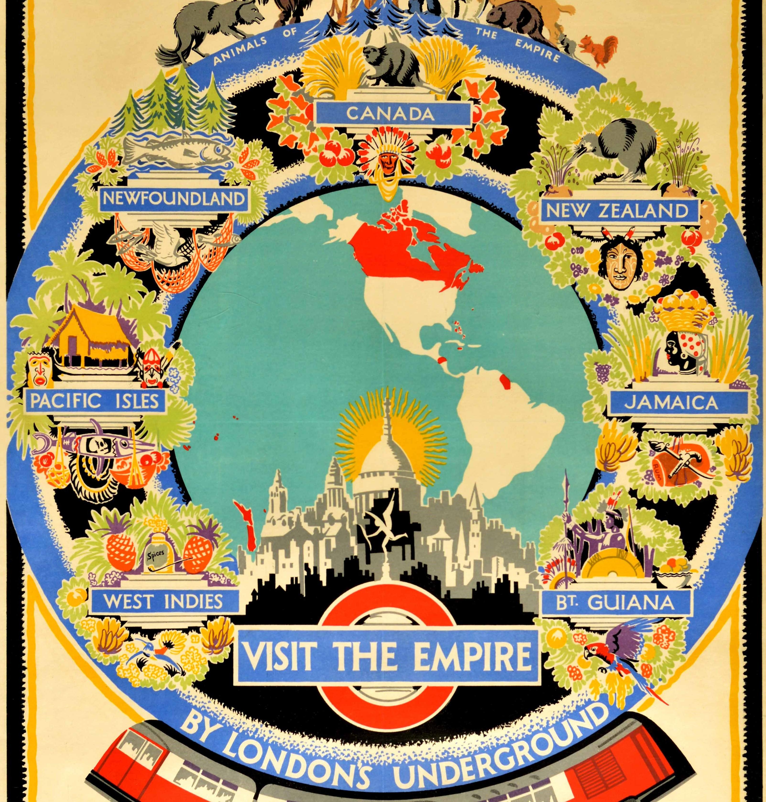 Original vintage London Transport travel advertising poster - Visit the Empire By London's Underground The Wealth Romance and Beauty of the Empire - featuring a colourful design by Ernest Michael Dinkel (1894-1983) showing a map marking the British