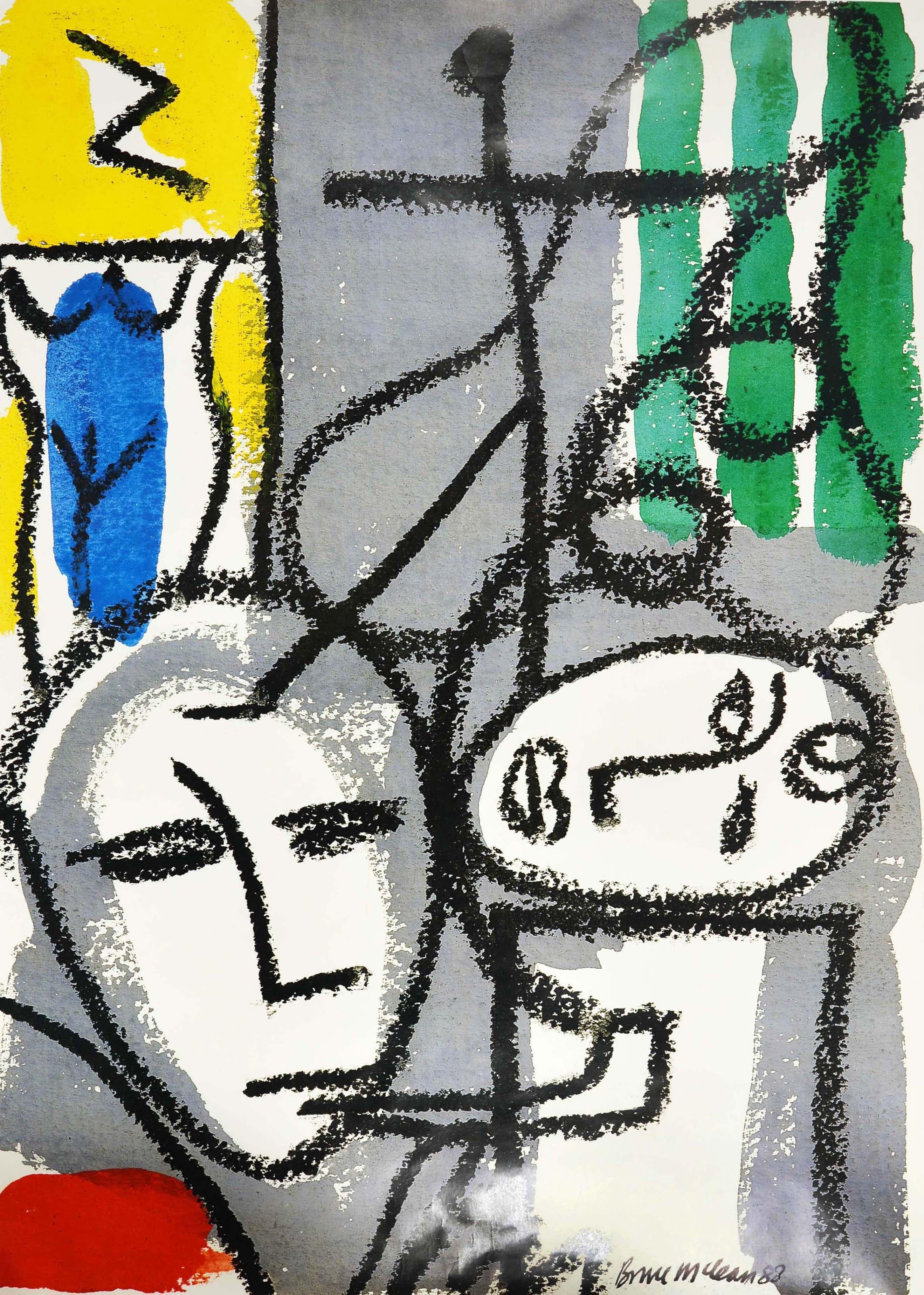 Affiche originale du métro londonien - Whitechapel Art Gallery à côté de la station Aldgate East - présentant un dessin abstrait du sculpteur et peintre écossais Bruce McLean (né en 1944) représentant des visages, l'un fumant la pipe et l'autre