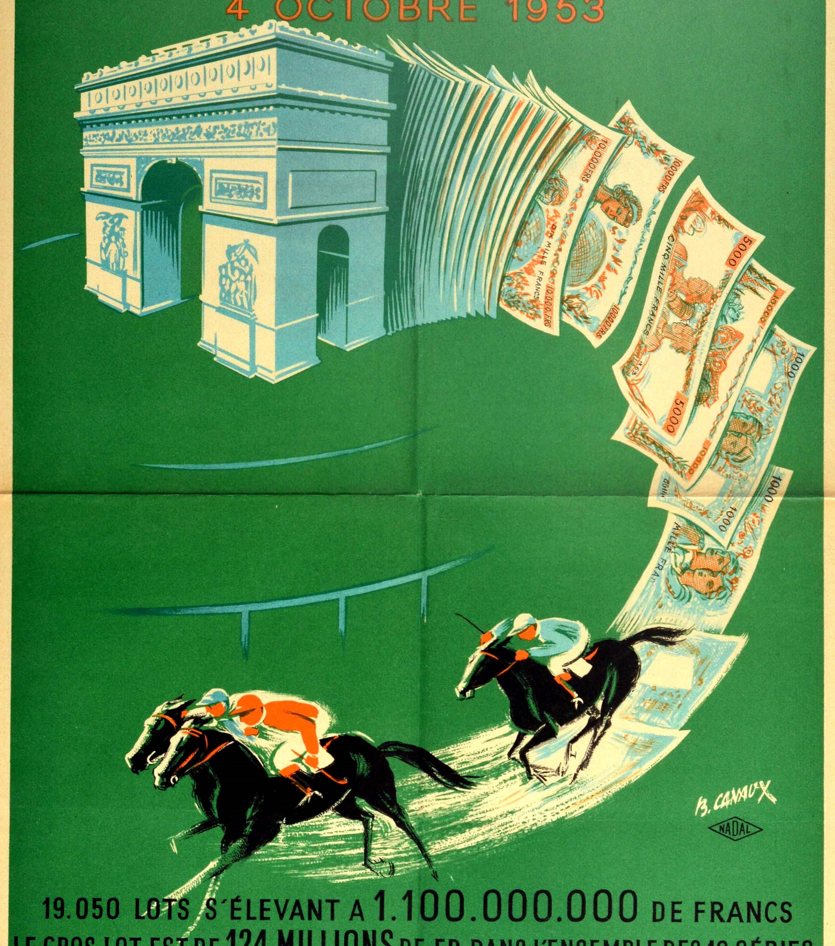 Original Vintage Lottery Poster Loterie Nationale Arc De Triomphe Horse Race Art In Good Condition In London, GB