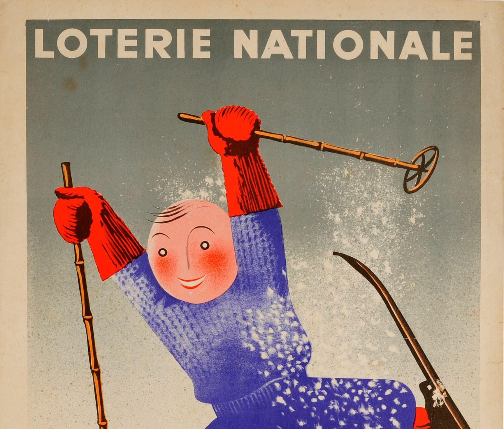 Original vintage advertising poster for the French National Lottery winter sports tranche - Loterie Nationale Sports d'Hiver tranche special des Sports d'Hiver - featuring a fun design by Edgar Derouet (1910-2001) and Charles Lesacq (1909-1940)