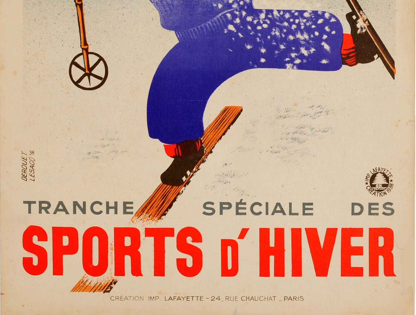 French Original Vintage Lottery Poster Loterie Nationale Winter Sports d'Hiver Skiing For Sale
