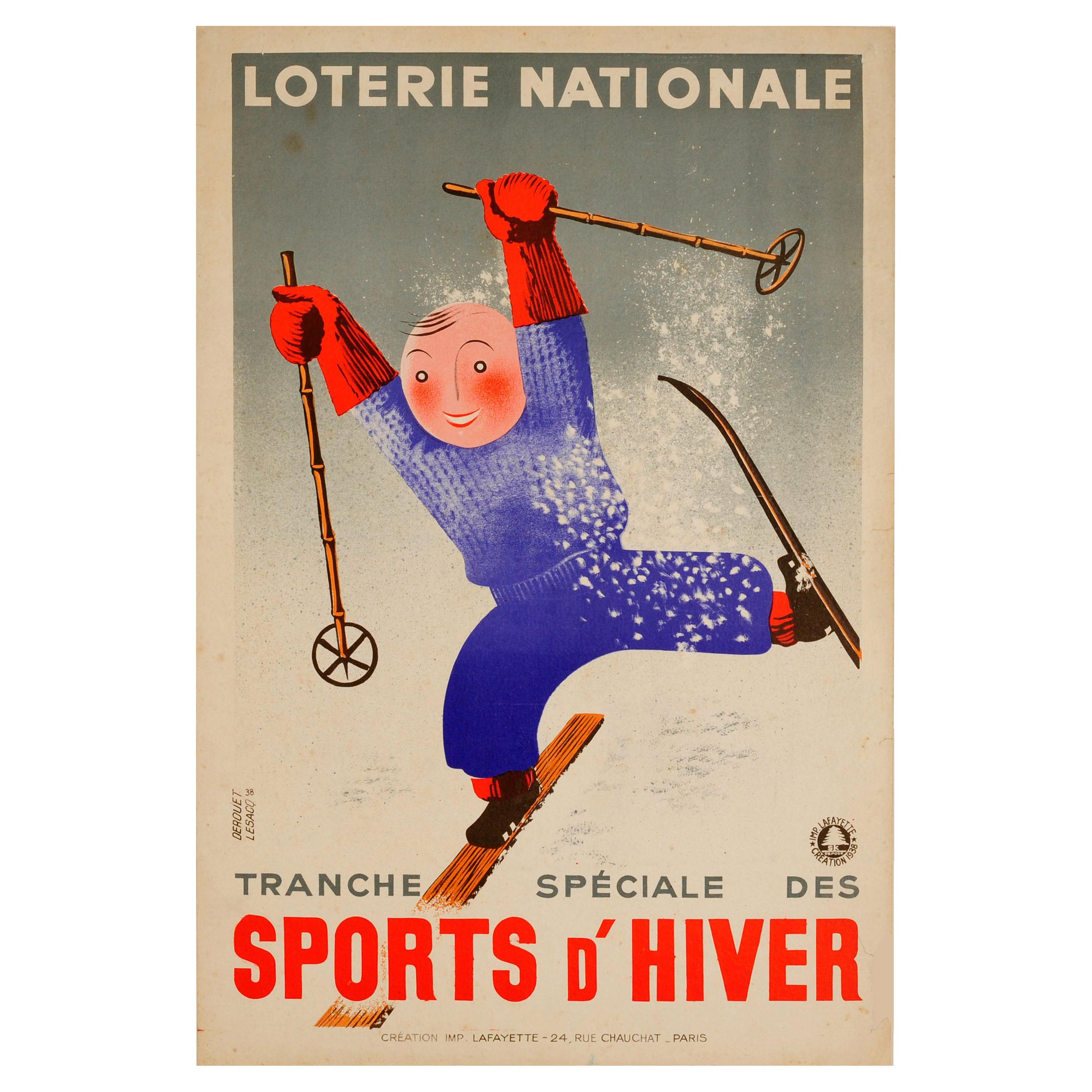 Original Vintage Lottery Poster Loterie Nationale Winter Sports d'Hiver Skiing For Sale