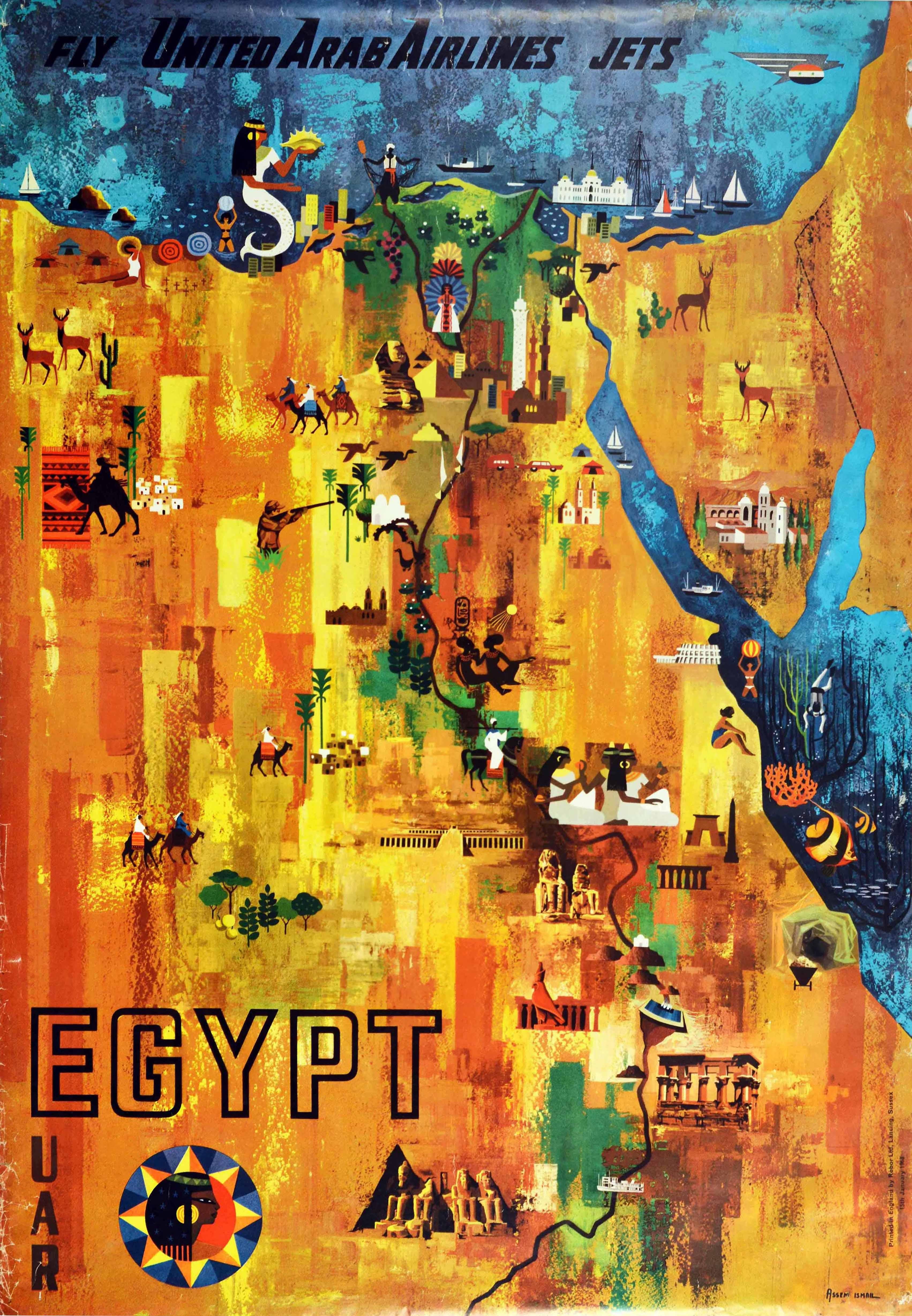 Original vintage travel poster promoting Egypt - Fly United Arab Airlines Jets Egypt UAR - featuring a colourful map with images of historic and new landmarks, sports and tourist attractions including people swimming in the sea and enjoying the