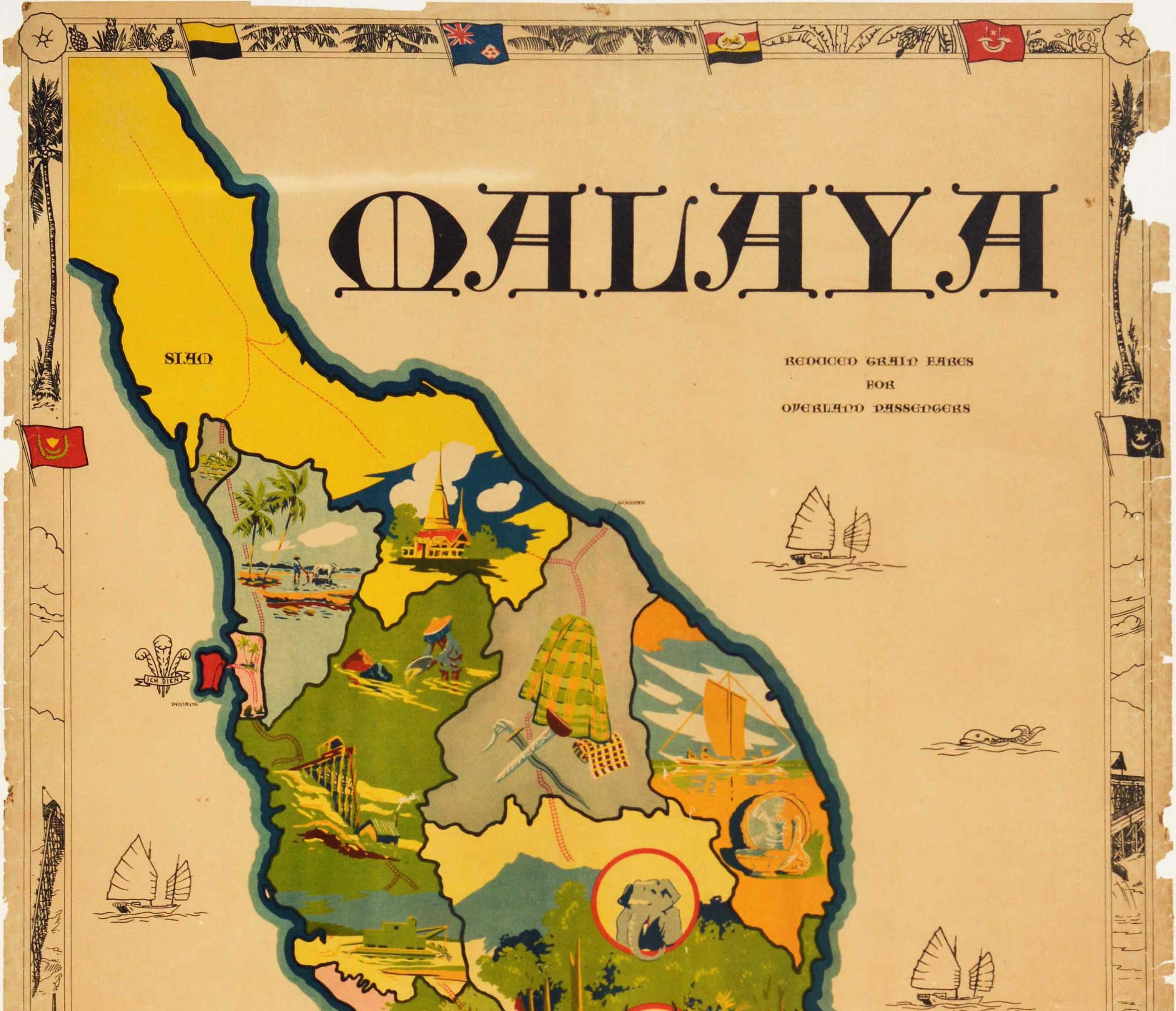 Original vintage Asia travel poster issued by the Federated Malay States Railways featuring a map of Malaysia with colourful images on it showing fishermen on the beach and at sea, farmers working in the fields and on the plantations, animals in