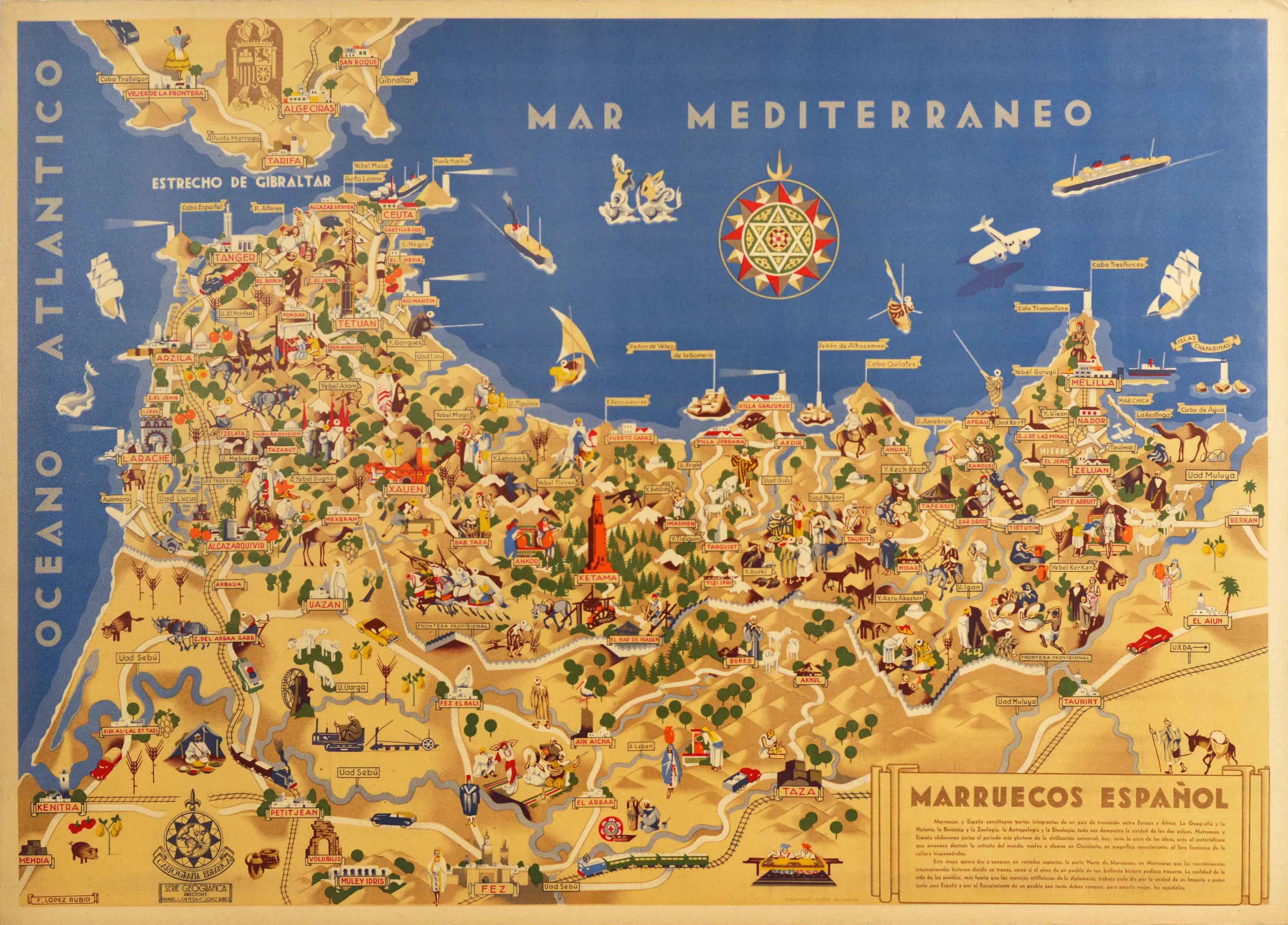 Poster originale di una mappa di viaggio d'epoca per Marruecos Espanol / Marocco spagnolo con una grande illustrazione di una sagoma del continente africano che indica le principali città e località, le persone e il loro stile di vita, l'agricoltura