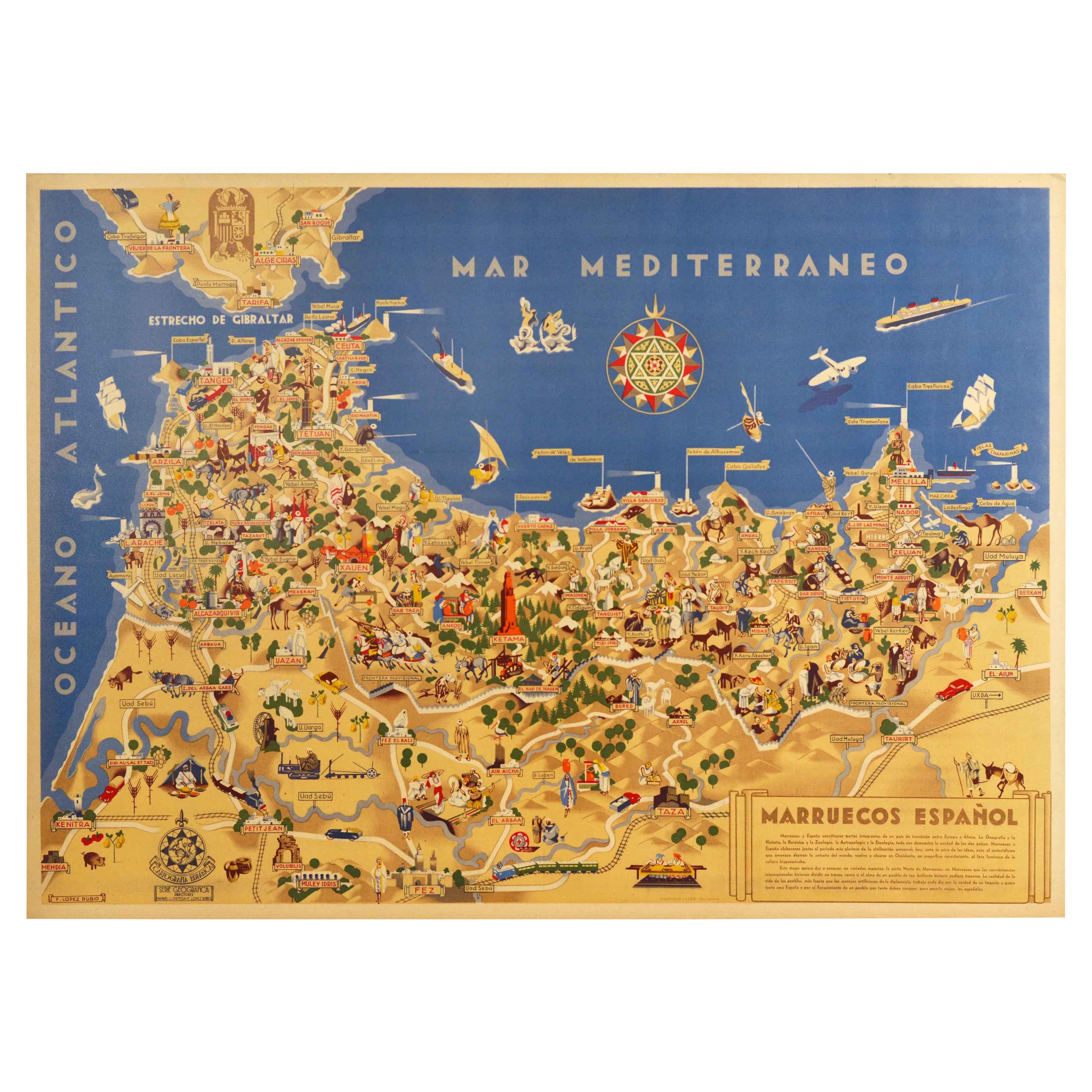 Poster mappa originale d'epoca Marruecos Espanol Spagnolo Marocco Illustrato Design