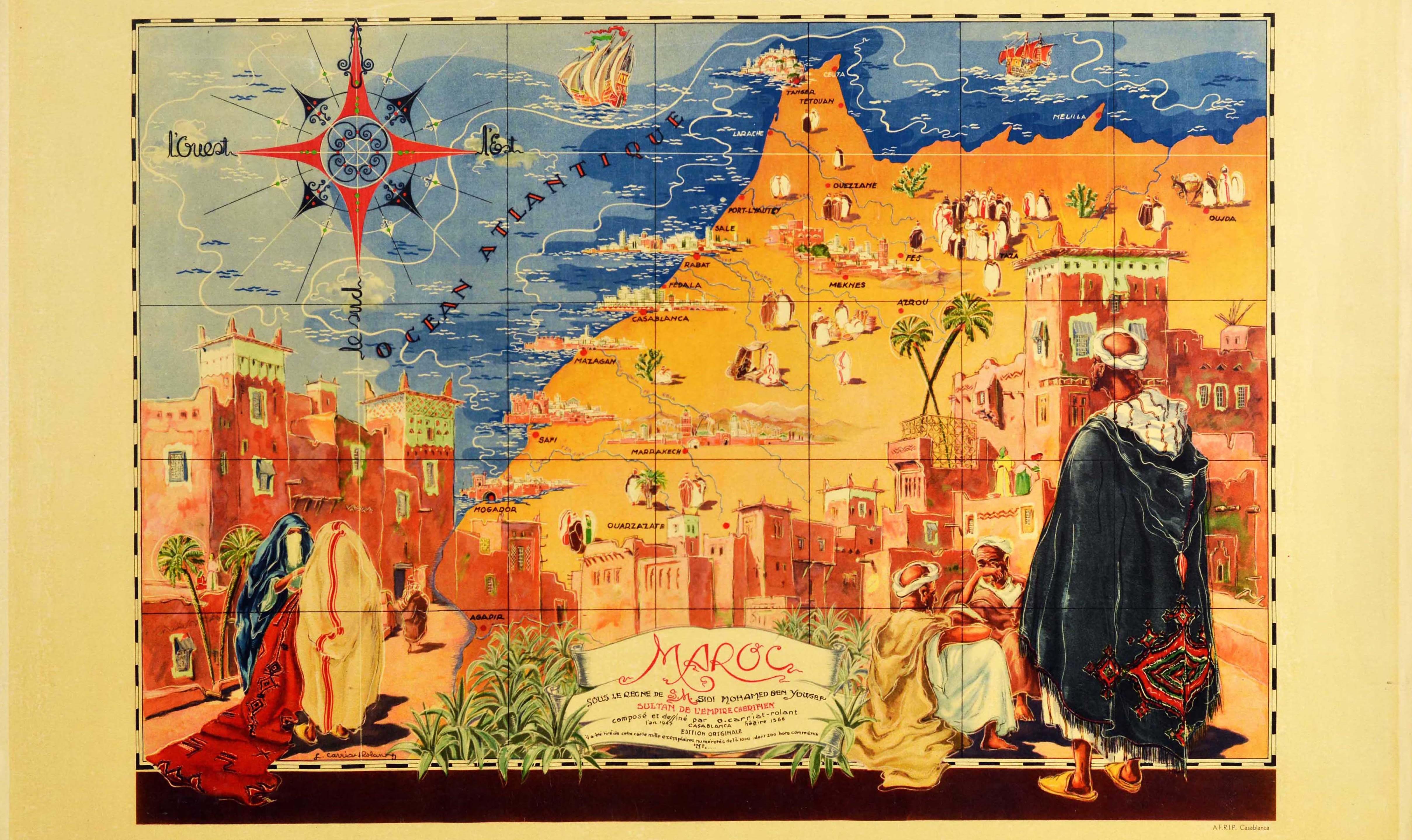 Original vintage travel poster - Maroc sous la Regne de S.M. Sidi Mohamed Ben Yousef Sultan de l'Empire Cherifien hegira 1566 - featuring an illustrated map design of the ancient north Africa country of Morocco marking the towns and cities including
