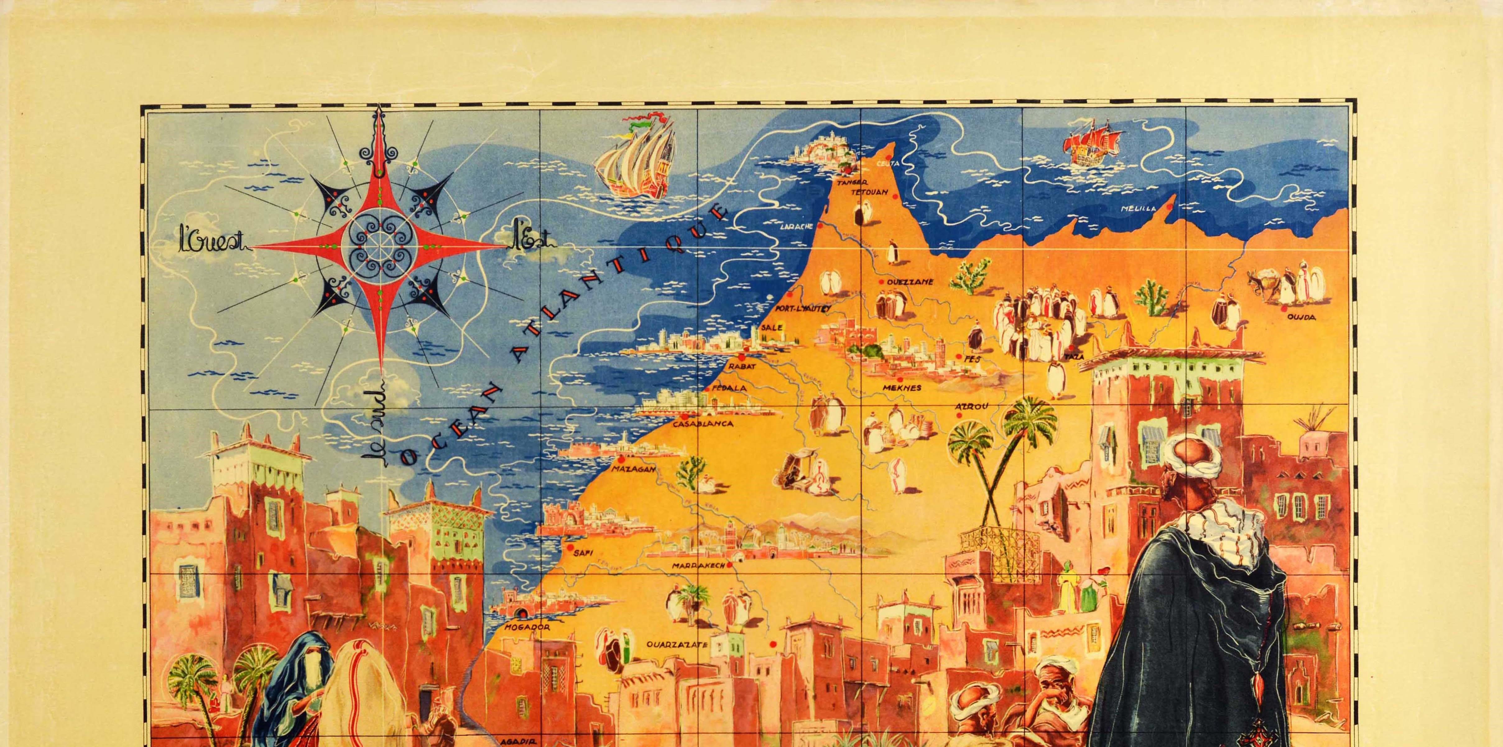 Moroccan Original Vintage Map Poster Morocco Maroc Regne Sidi Mohamed Ben Yousef Sultan